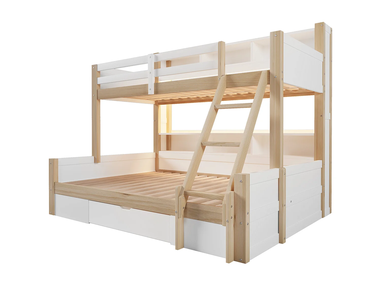 Kinderstapelbed - 90 x 200 cm + 140 x 200 cm - met veiligheidshekjes + planken + 1 lade + LED-verlichting - hout - naturel