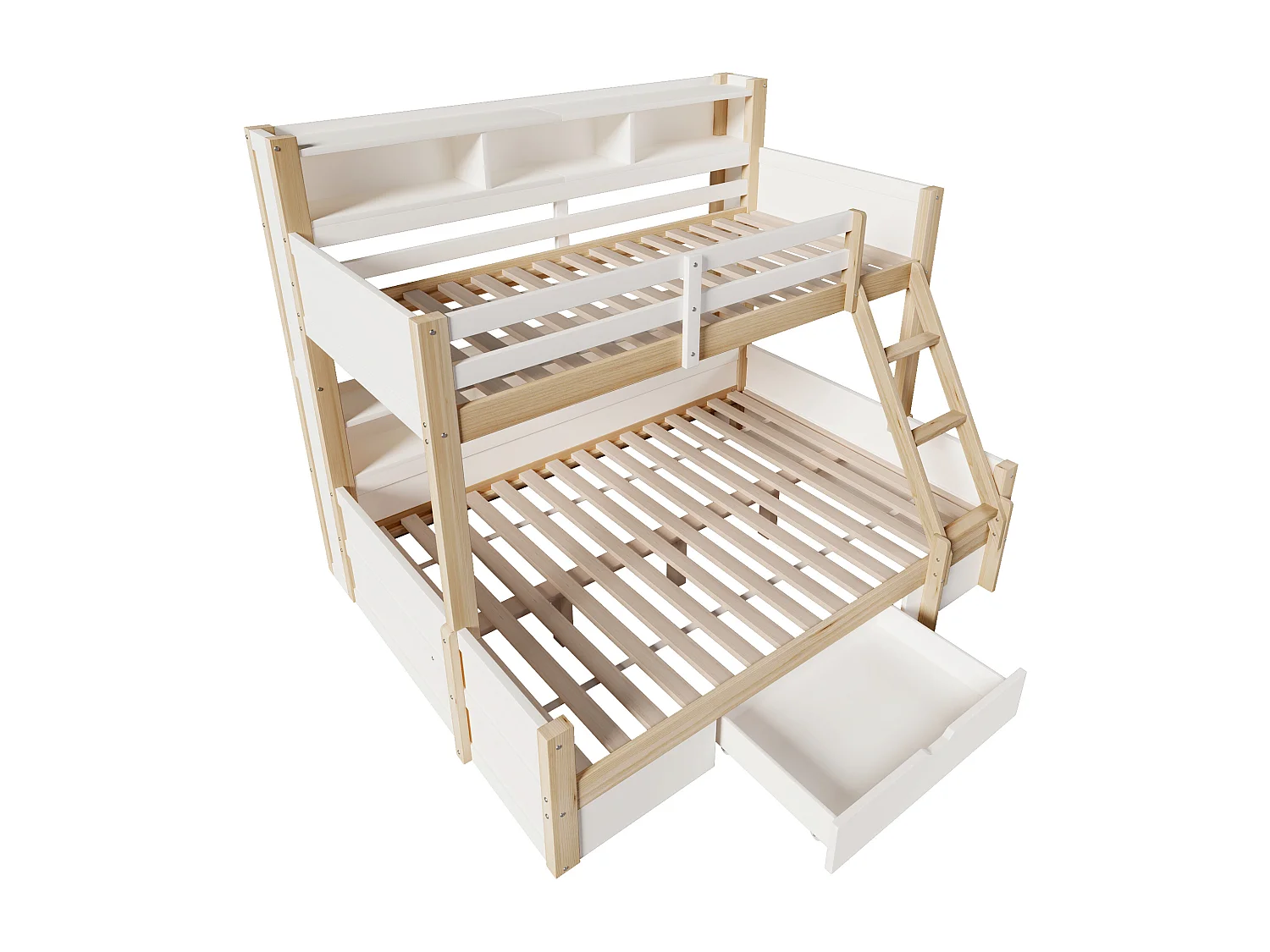 Kinderstapelbed - 90 x 200 cm + 140 x 200 cm - met veiligheidshekjes + planken + 1 lade + LED-verlichting - hout - naturel