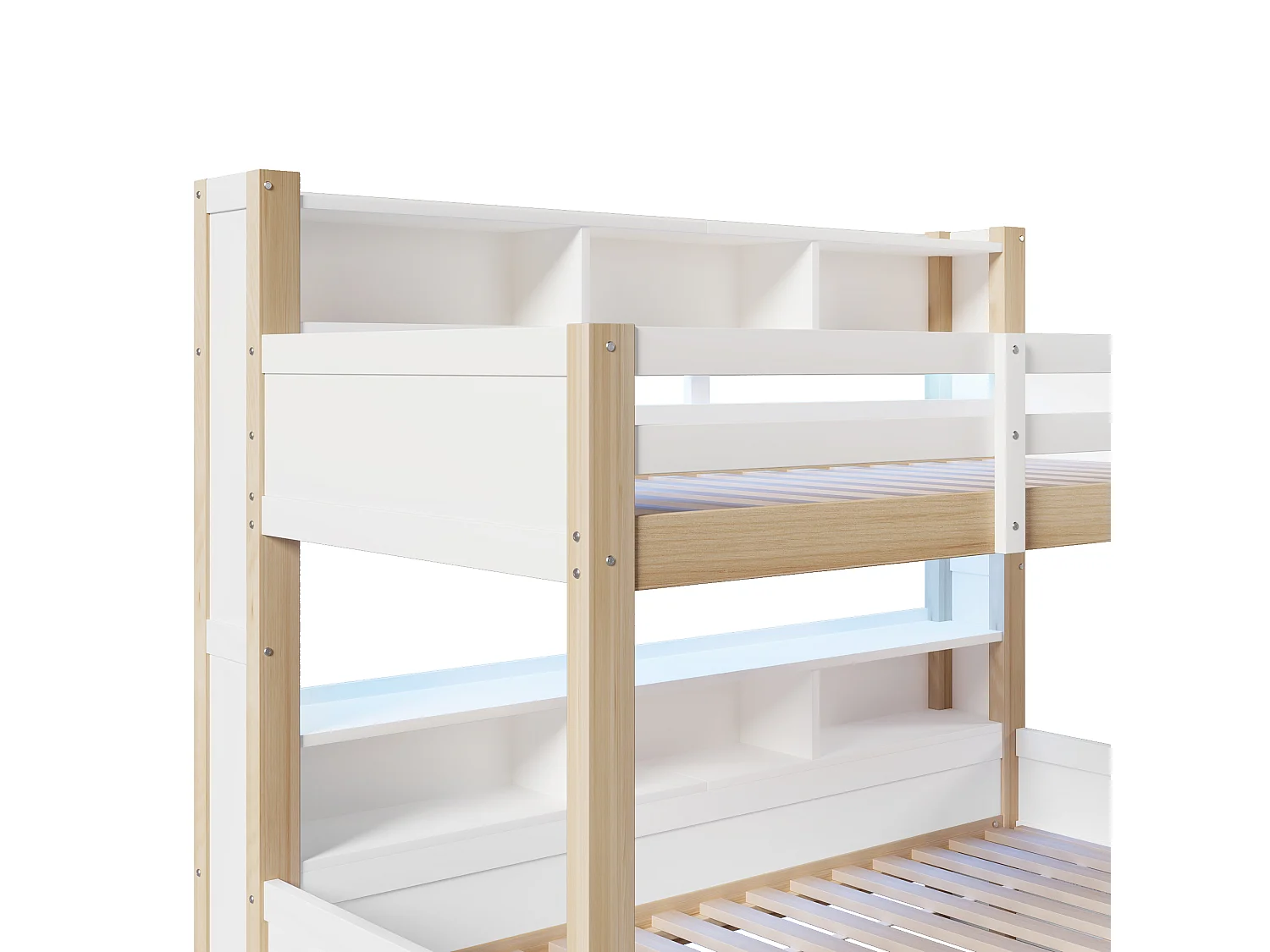 Kinderstapelbed - 90 x 200 cm + 140 x 200 cm - met veiligheidshekjes + planken + 1 lade + LED-verlichting - hout - naturel