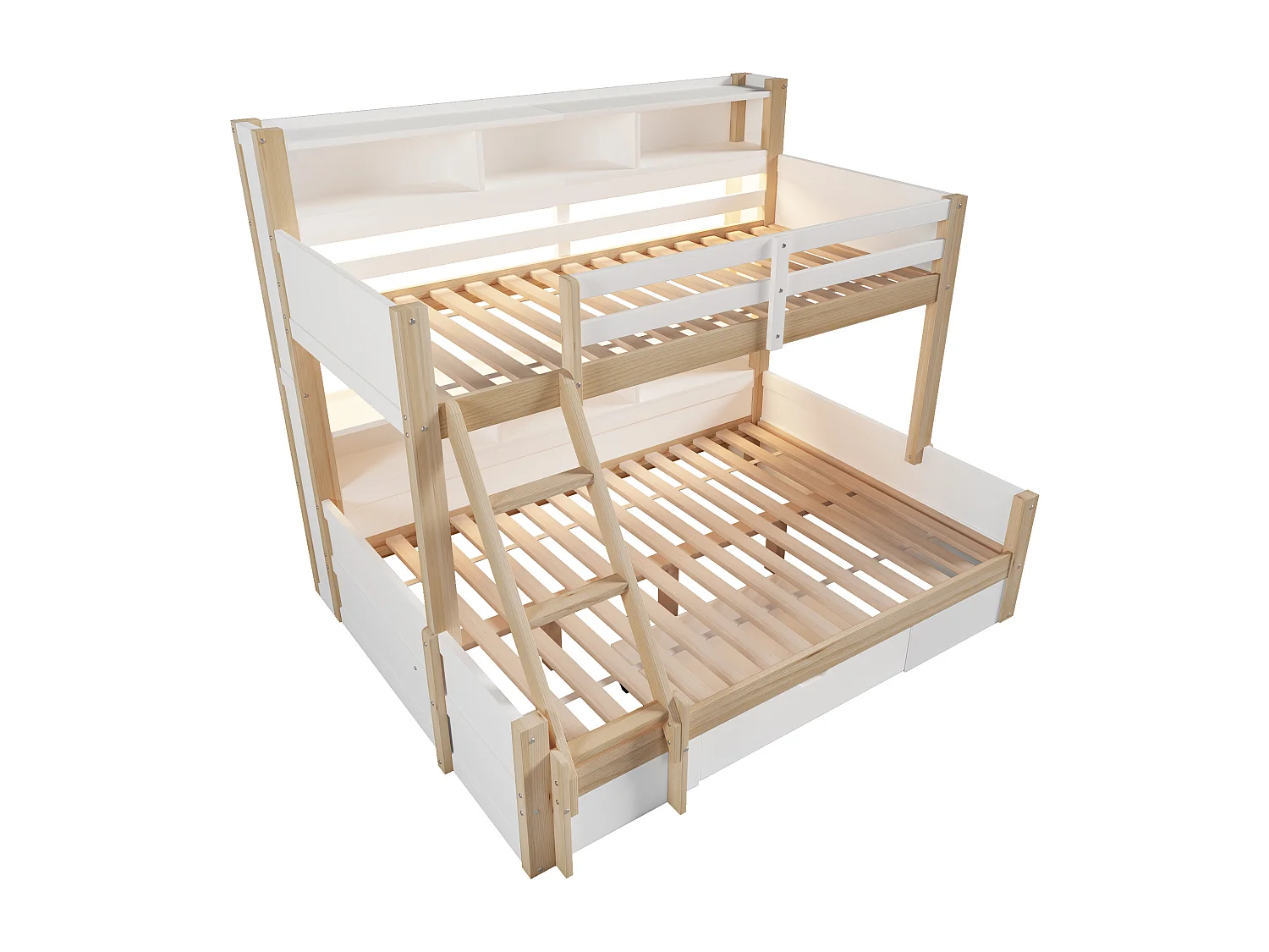 Kinderstapelbed - 90 x 200 cm + 140 x 200 cm - met veiligheidshekjes + planken + 1 lade + LED-verlichting - hout - naturel