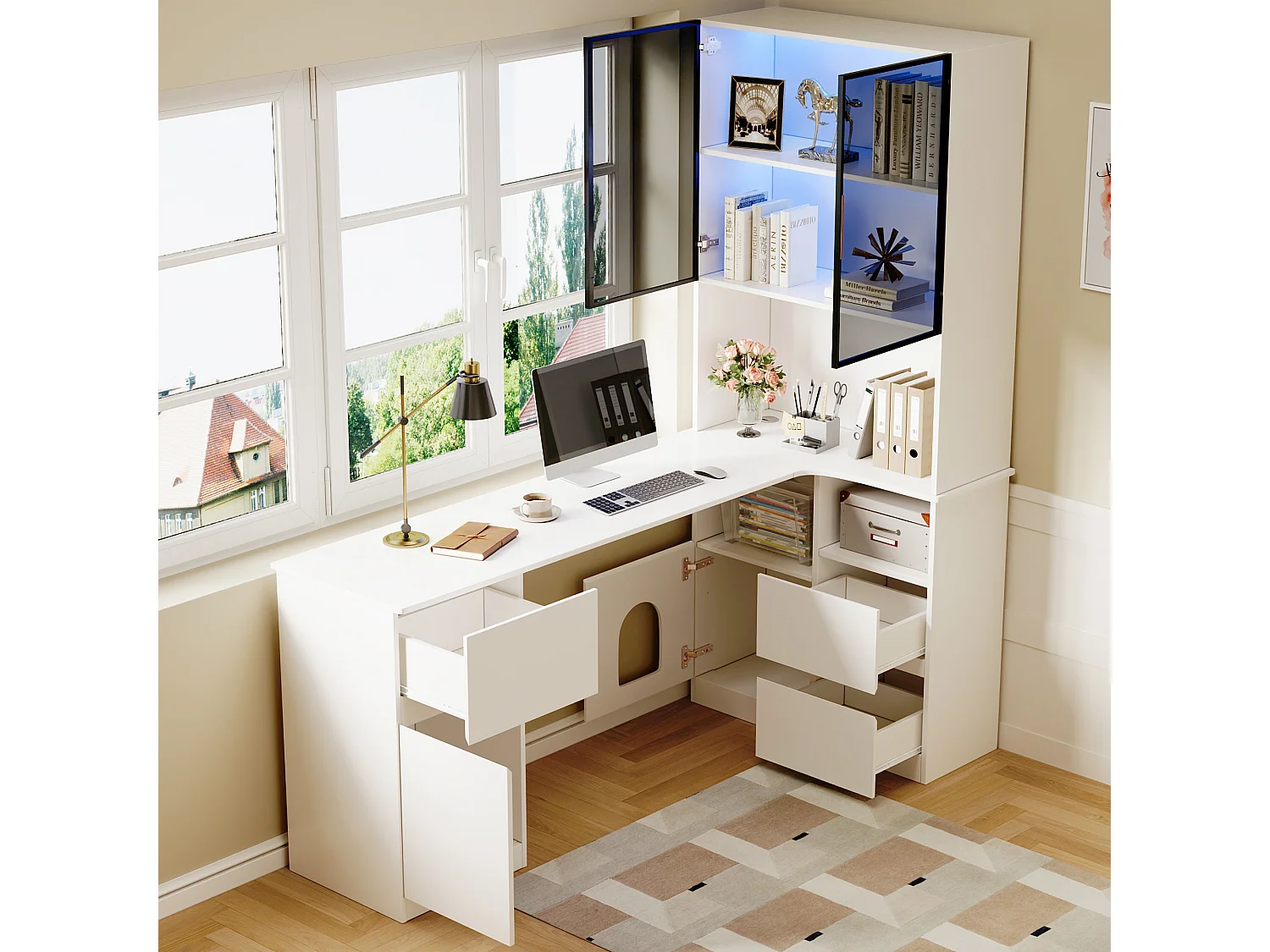 Bureau d'angle avec vitrine - 120 x 80 x 180 cm - avec 3 tiroirs + 2 portes + étagères ouverts + Leds - MDF - blanc