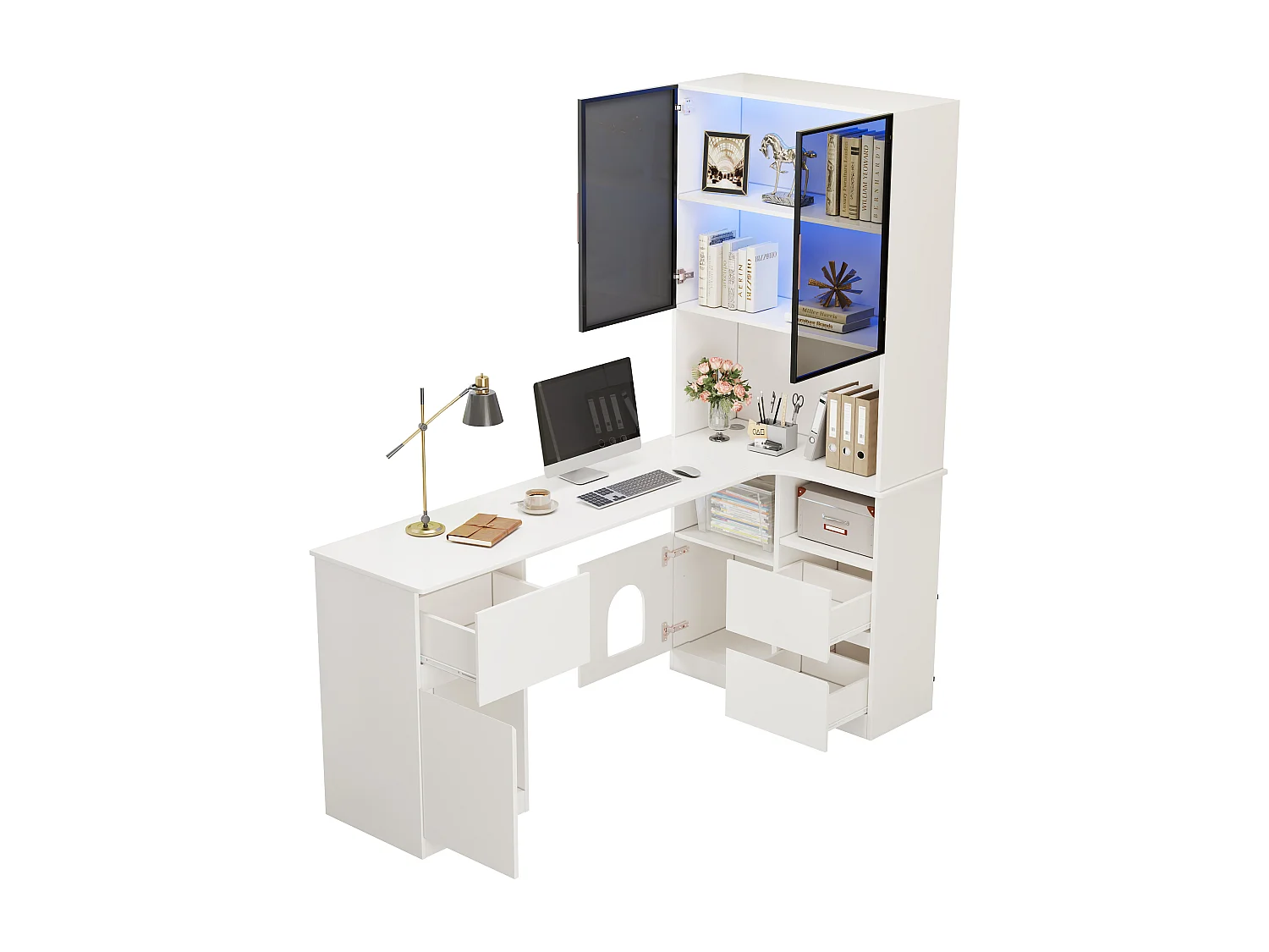 Bureau d'angle avec vitrine - 120 x 80 x 180 cm - avec 3 tiroirs + 2 portes + étagères ouverts + Leds - MDF - blanc