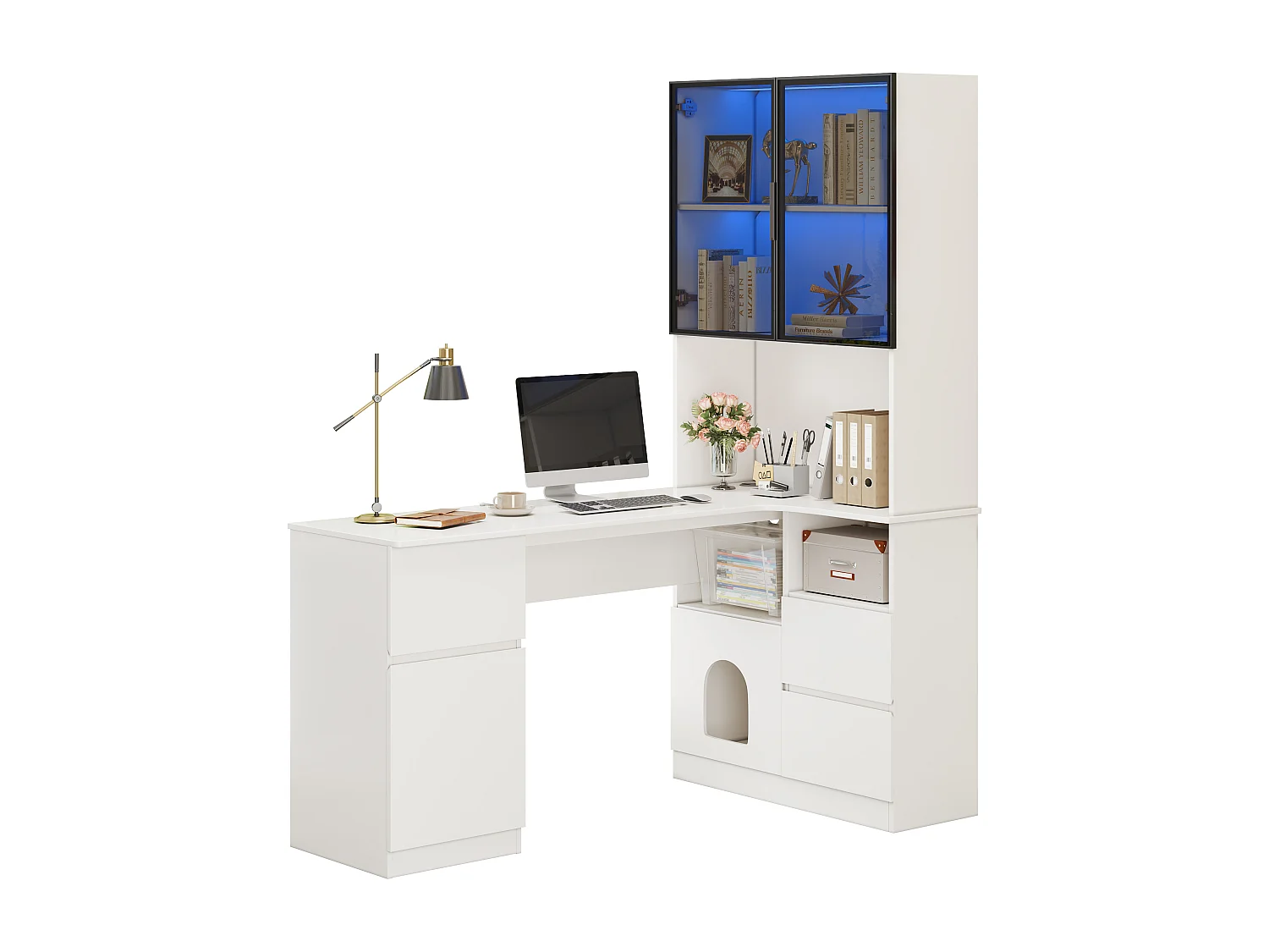 Bureau d'angle avec vitrine - 120 x 80 x 180 cm - avec 3 tiroirs + 2 portes + étagères ouverts + Leds - MDF - blanc