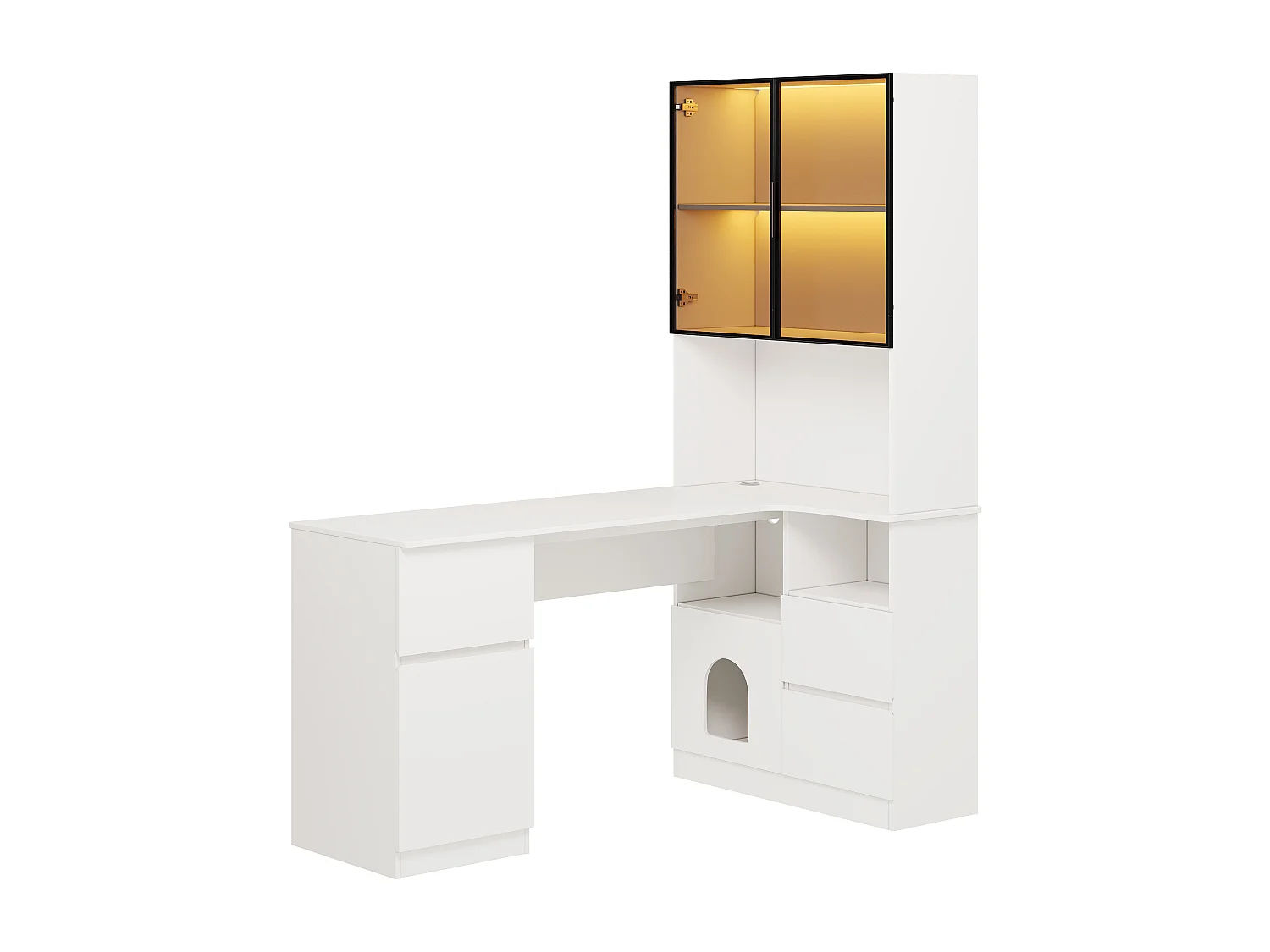 Bureau d'angle avec vitrine - 120 x 80 x 180 cm - avec 3 tiroirs + 2 portes + étagères ouverts + Leds - MDF - blanc