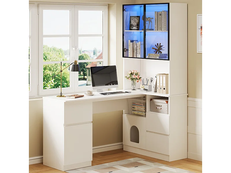 Bureau d'angle avec vitrine - 120 x 80 x 180 cm - avec 3 tiroirs + 2 portes + étagères ouverts + Leds - MDF - blanc