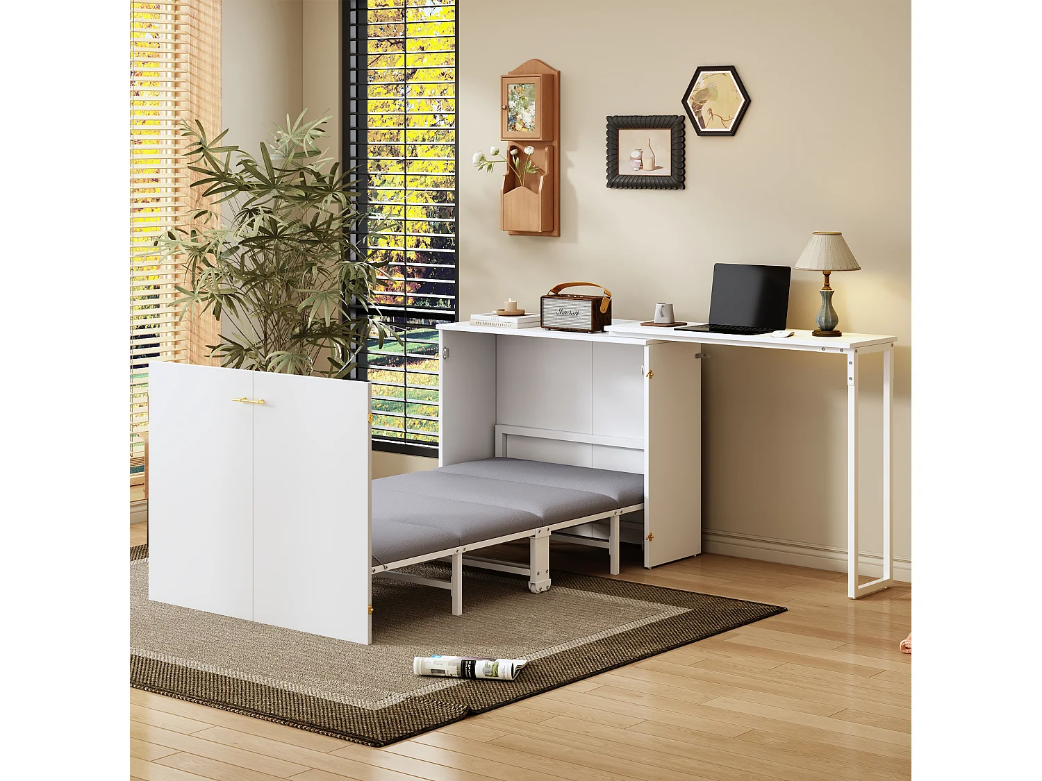 Klappbett mit drehbarem Schreibtisch und Matratze – 90 x 200 cm – auf Rollen – Holz + Metall – weiß