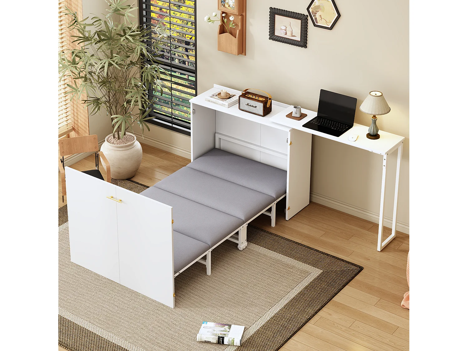 Klappbett mit drehbarem Schreibtisch und Matratze – 90 x 200 cm – auf Rollen – Holz + Metall – weiß