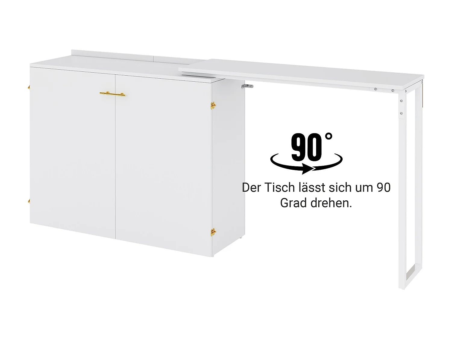 Klappbett mit drehbarem Schreibtisch und Matratze – 90 x 200 cm – auf Rollen – Holz + Metall – weiß