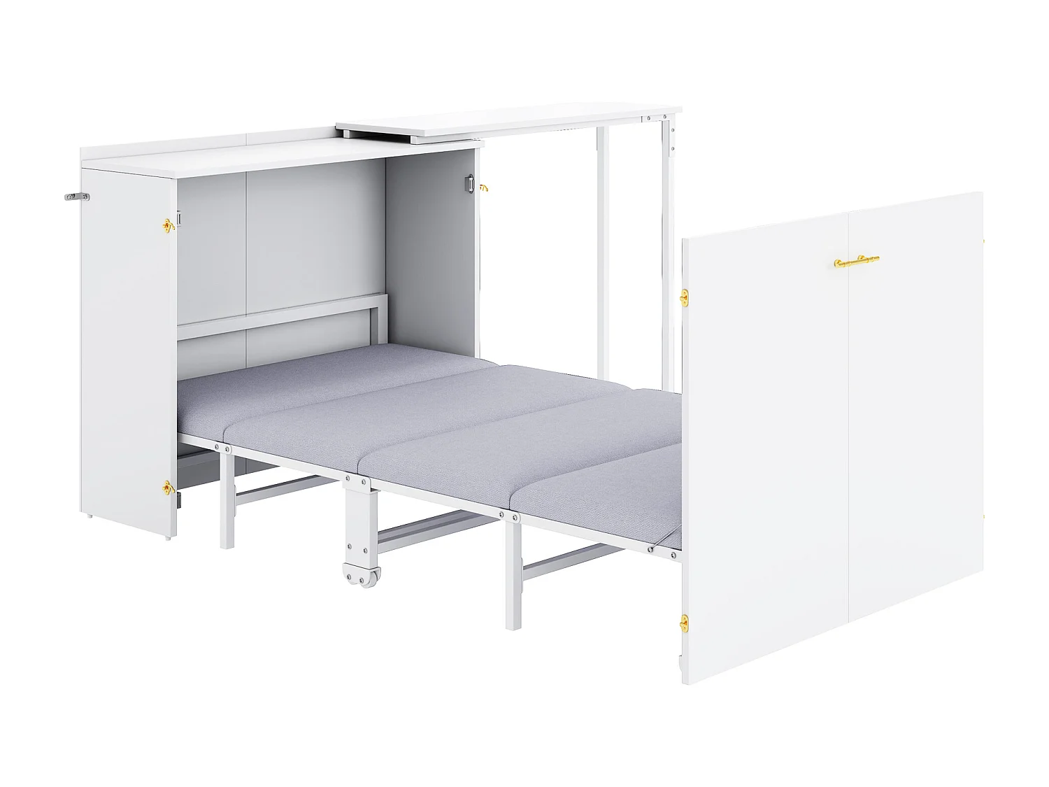 Klappbett mit drehbarem Schreibtisch und Matratze – 90 x 200 cm – auf Rollen – Holz + Metall – weiß