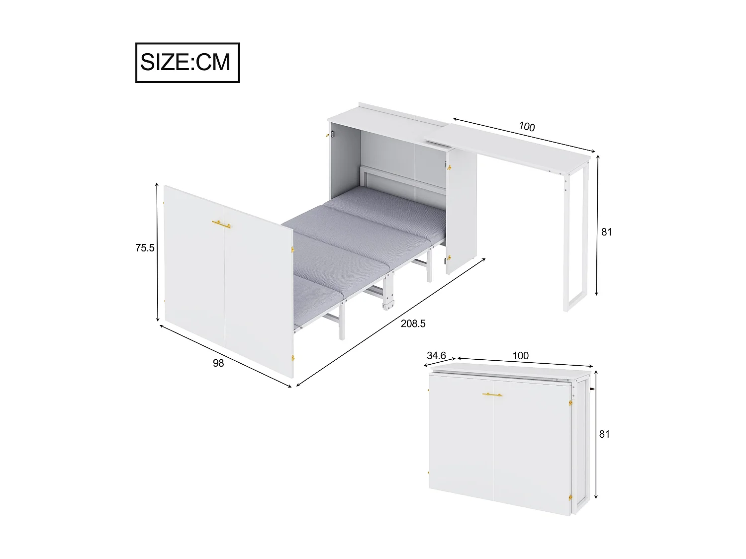 Klappbett mit drehbarem Schreibtisch und Matratze – 90 x 200 cm – auf Rollen – Holz + Metall – weiß