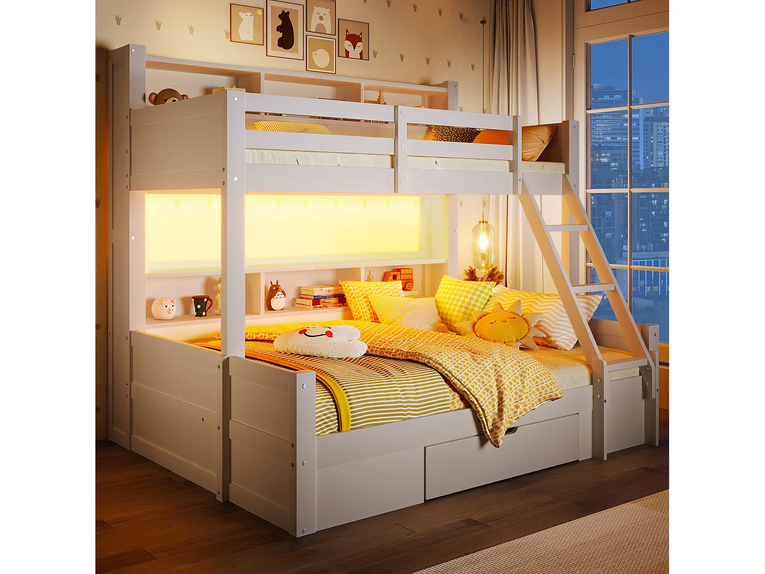 Kinder-Etagenbett – 90 x 200 cm + 140 x 200 cm – mit Schutzgittern, Regalen, einer Schublade und LED-Beleuchtung – Holz – weiß