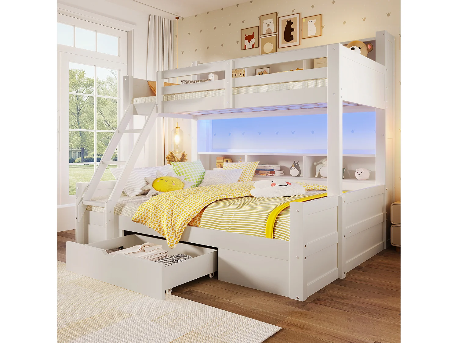 Kinder-Etagenbett – 90 x 200 cm + 140 x 200 cm – mit Schutzgittern, Regalen, einer Schublade und LED-Beleuchtung – Holz – weiß