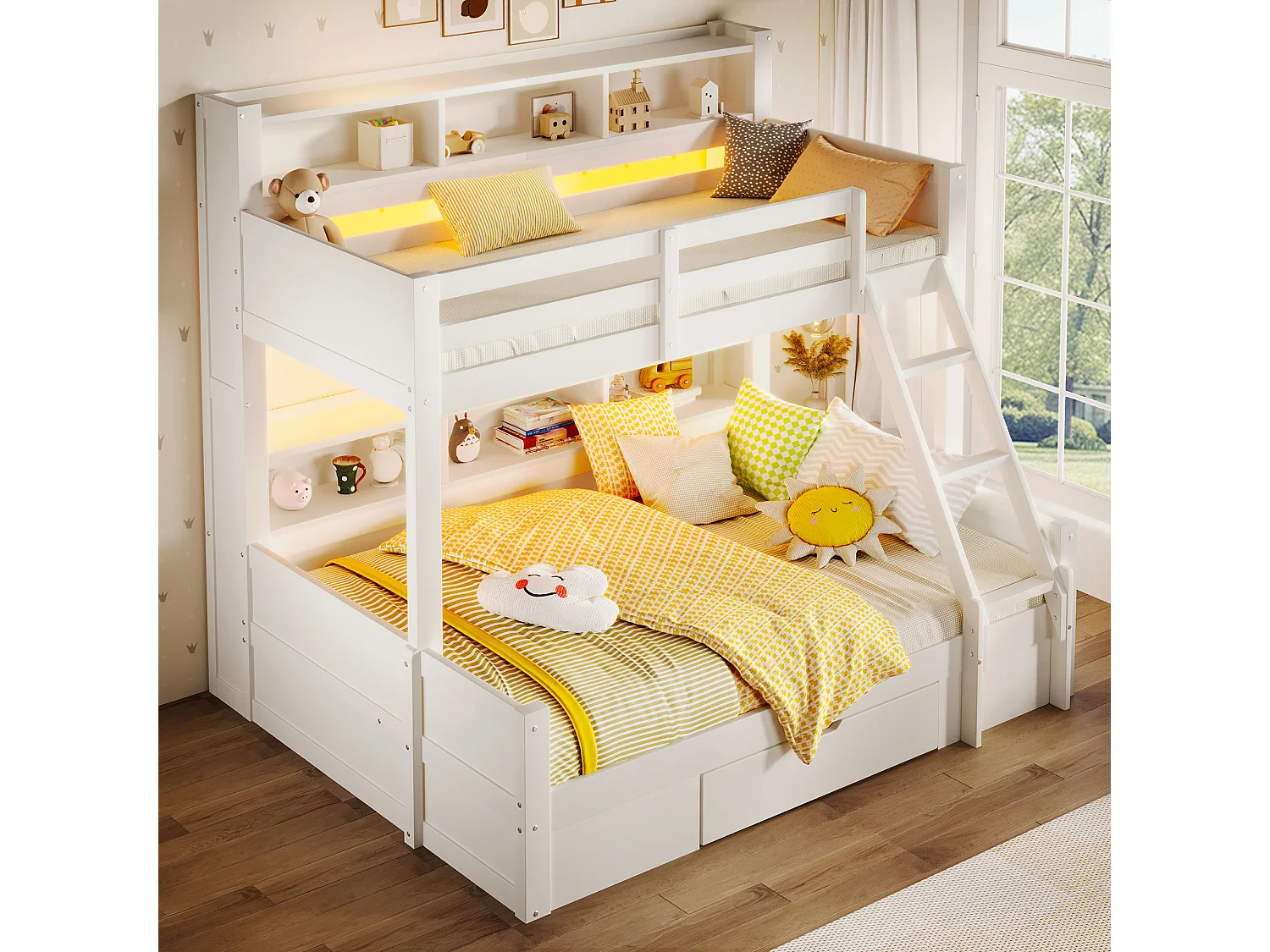 Kinder-Etagenbett – 90 x 200 cm + 140 x 200 cm – mit Schutzgittern, Regalen, einer Schublade und LED-Beleuchtung – Holz – weiß