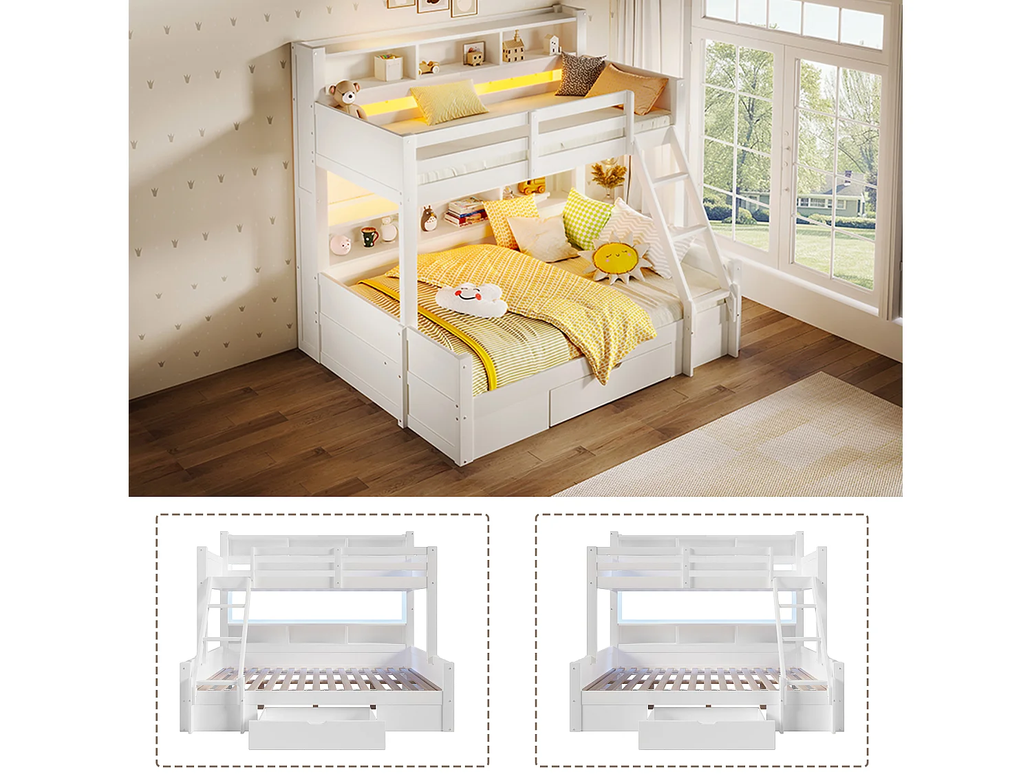 Kinder-Etagenbett – 90 x 200 cm + 140 x 200 cm – mit Schutzgittern, Regalen, einer Schublade und LED-Beleuchtung – Holz – weiß