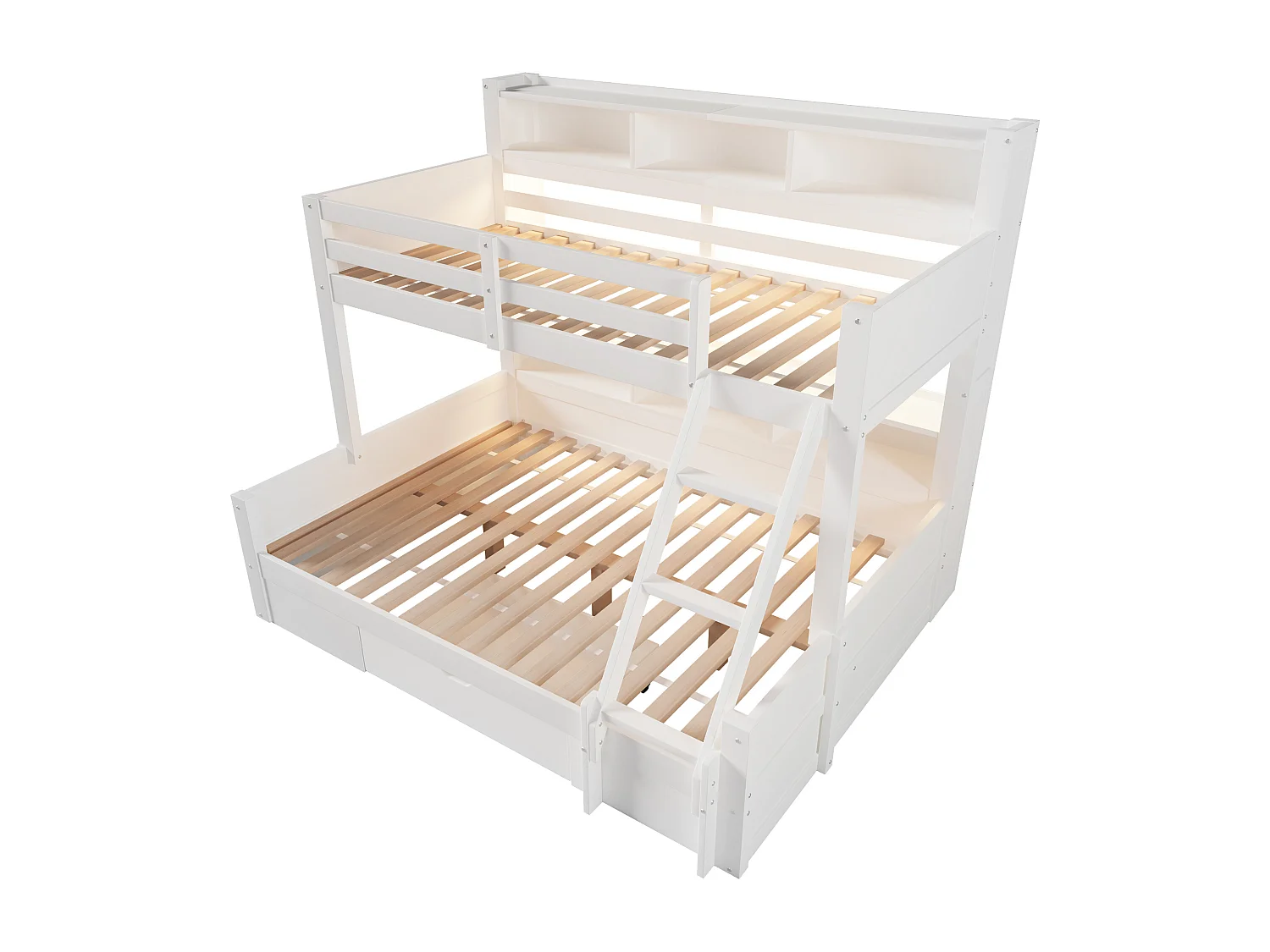 Kinder-Etagenbett – 90 x 200 cm + 140 x 200 cm – mit Schutzgittern, Regalen, einer Schublade und LED-Beleuchtung – Holz – weiß