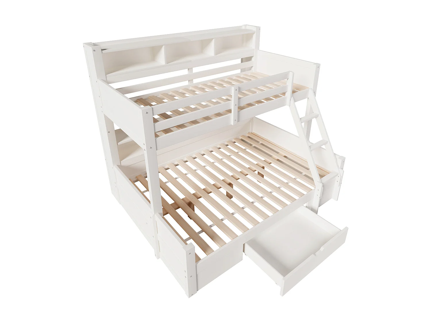 Kinder-Etagenbett – 90 x 200 cm + 140 x 200 cm – mit Schutzgittern, Regalen, einer Schublade und LED-Beleuchtung – Holz – weiß