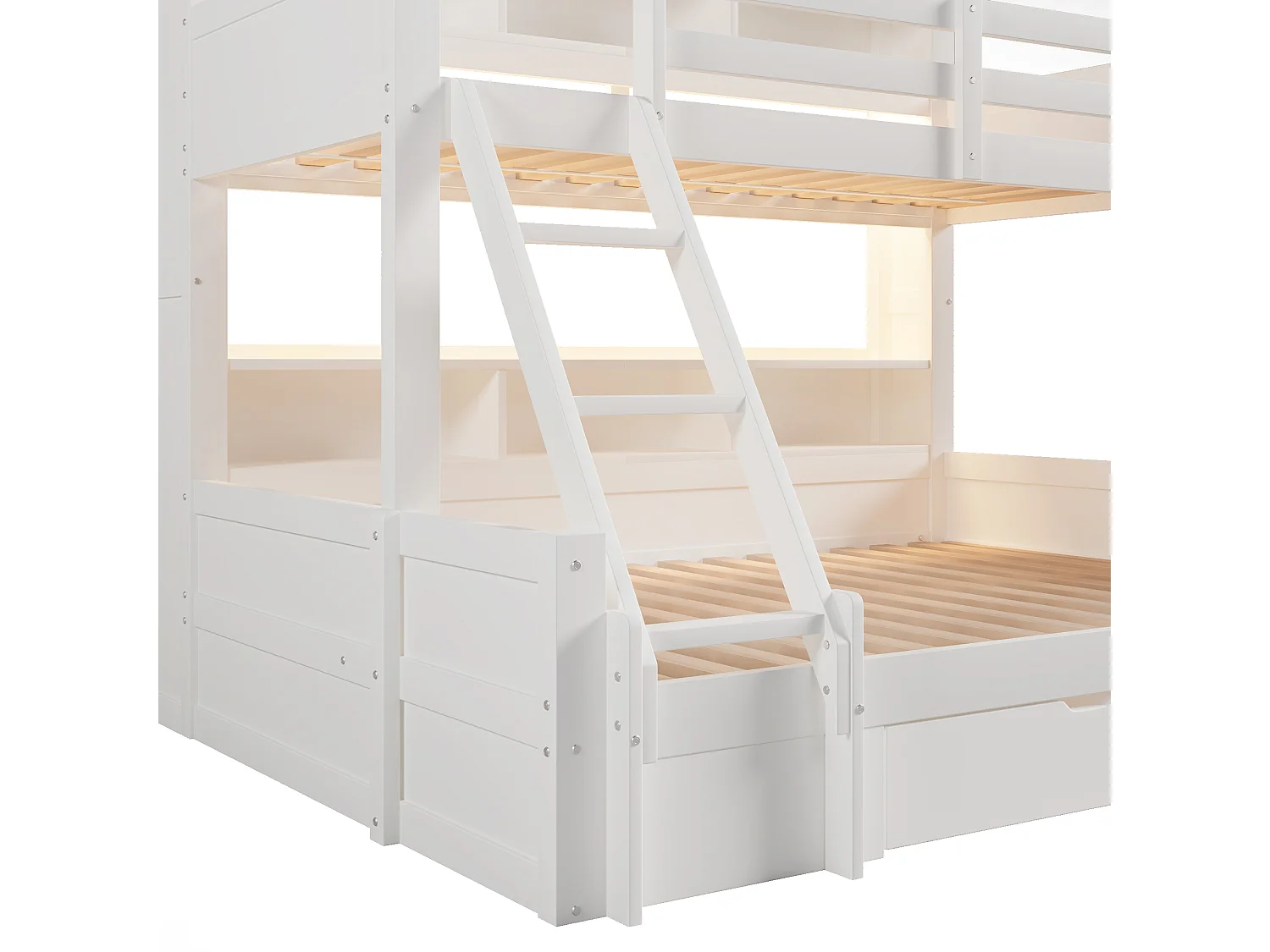 Kinder-Etagenbett – 90 x 200 cm + 140 x 200 cm – mit Schutzgittern, Regalen, einer Schublade und LED-Beleuchtung – Holz – weiß