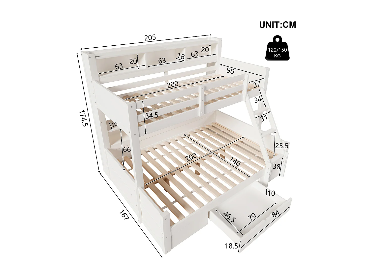 Kinder-Etagenbett – 90 x 200 cm + 140 x 200 cm – mit Schutzgittern, Regalen, einer Schublade und LED-Beleuchtung – Holz – weiß