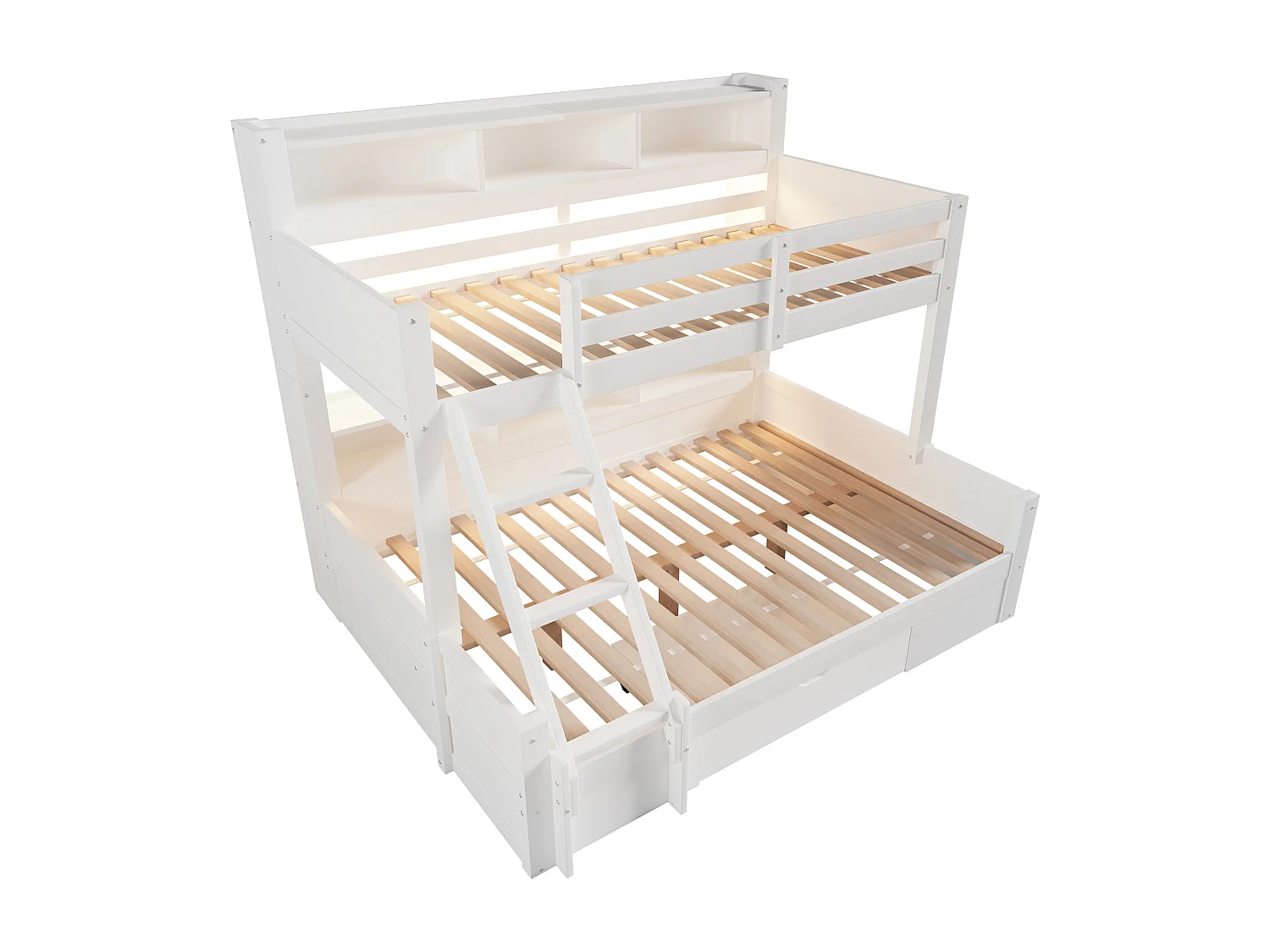 Kinder-Etagenbett – 90 x 200 cm + 140 x 200 cm – mit Schutzgittern, Regalen, einer Schublade und LED-Beleuchtung – Holz – weiß