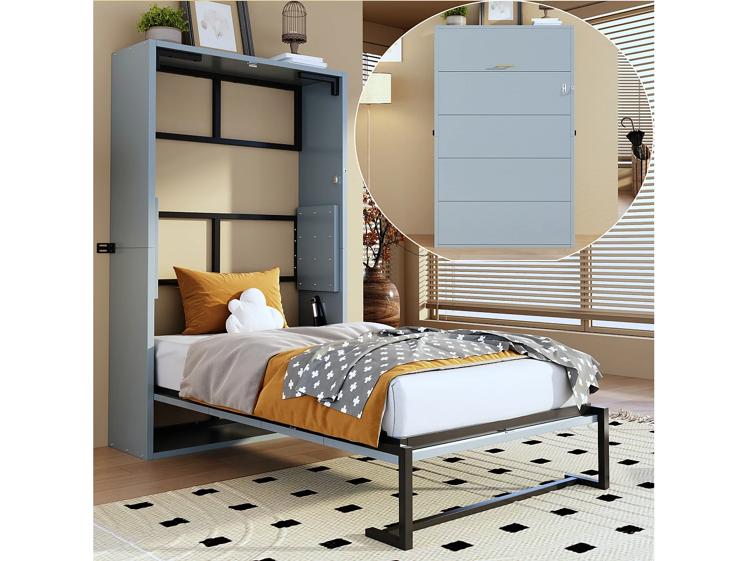 Letto a scomparsa da parete - 90 x 200 cm - struttura in metallo - montaggio a parete - legno + metallo - grigio