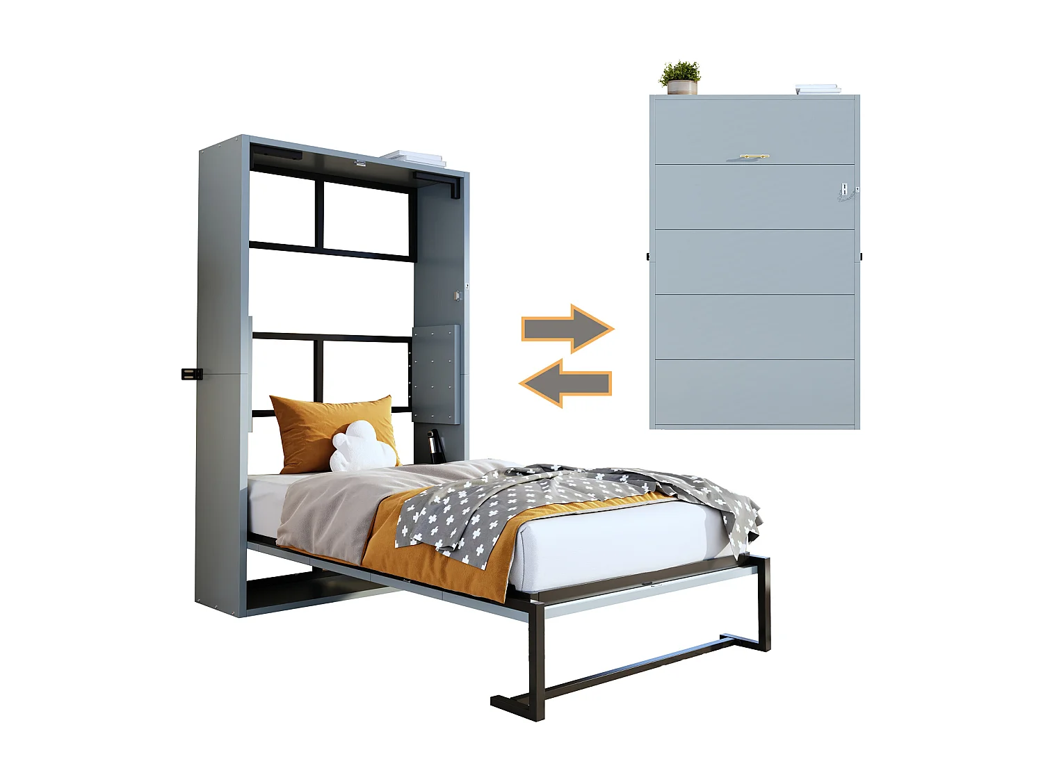 Letto a scomparsa da parete - 90 x 200 cm - struttura in metallo - montaggio a parete - legno + metallo - grigio