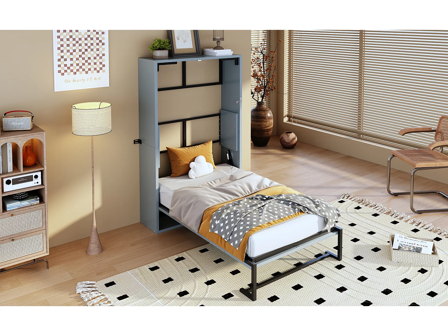 Letto a scomparsa da parete - 90 x 200 cm - struttura in metallo - montaggio a parete - legno + metallo - grigio