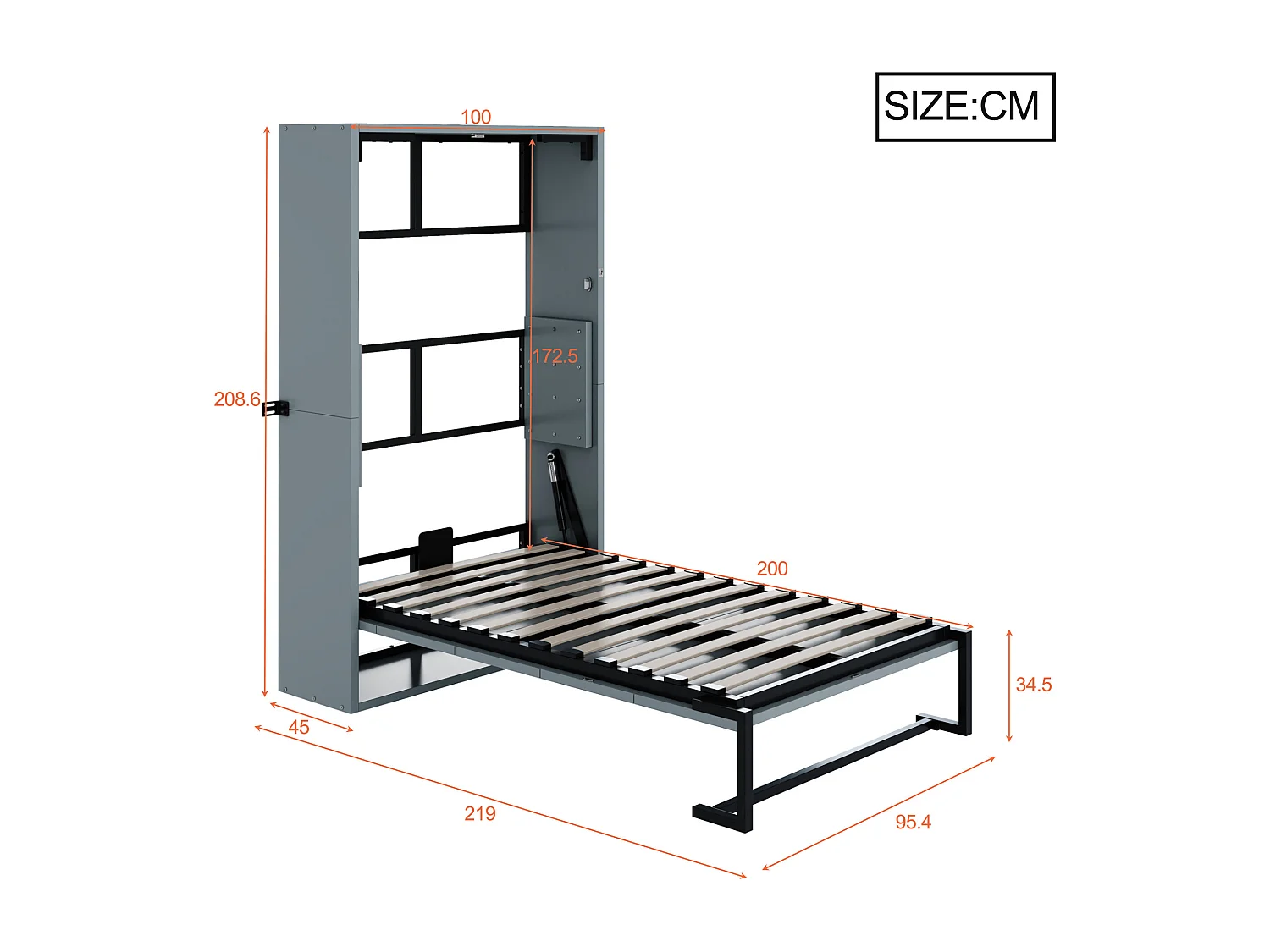 Letto a scomparsa da parete - 90 x 200 cm - struttura in metallo - montaggio a parete - legno + metallo - grigio