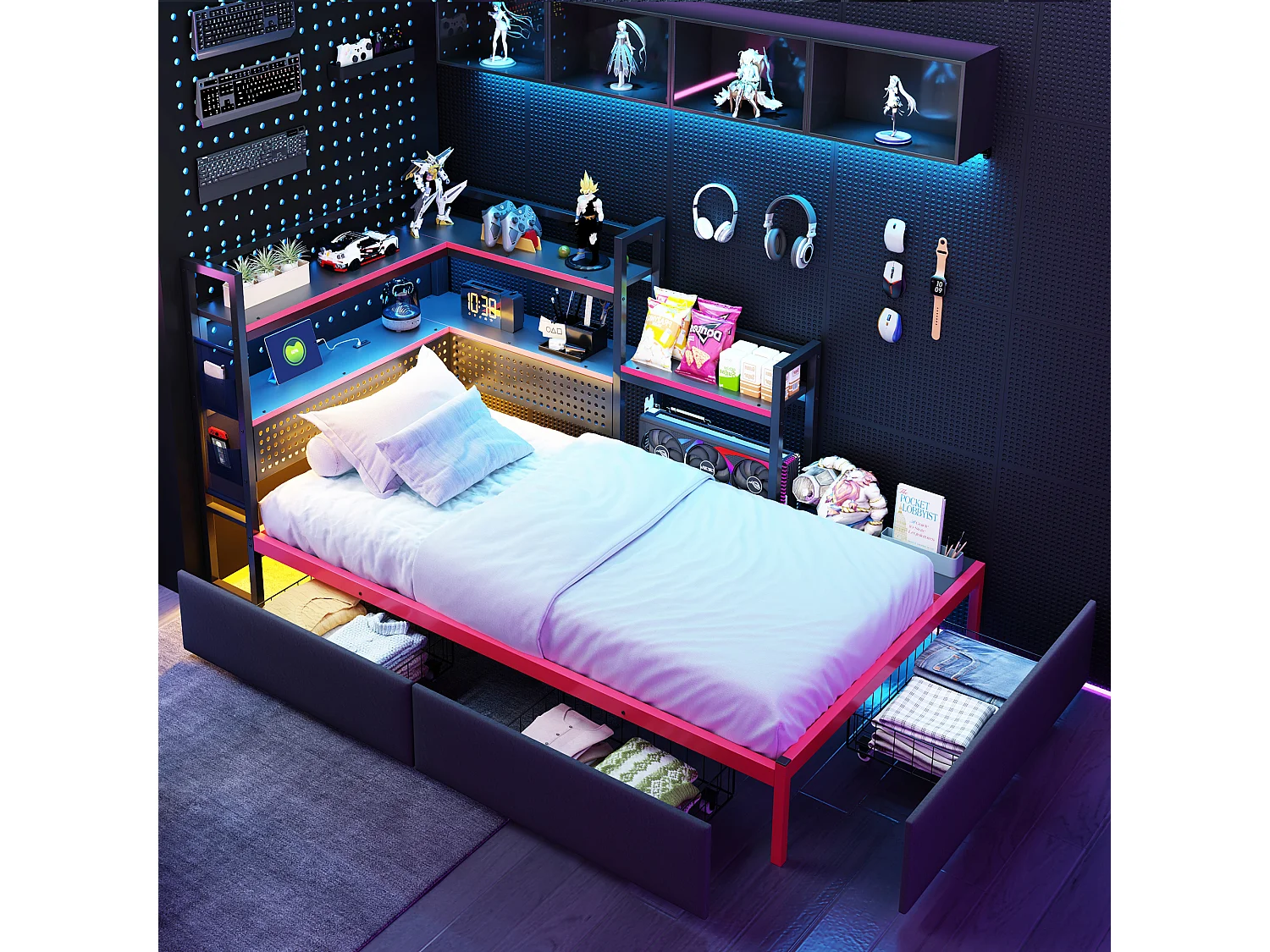 Lit plateforme en métal style gaming - 90 x 200 cm - avec 3 tiroirs + Leds + USB + étagères latérales - métal - noir