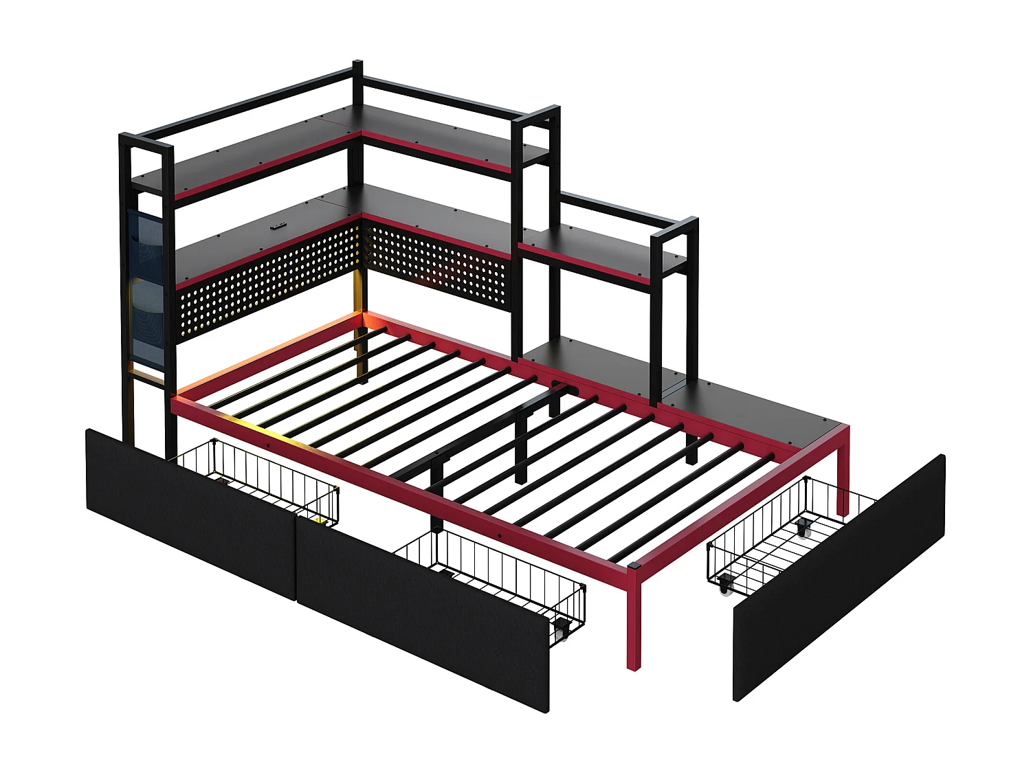 Lit plateforme en métal style gaming - 90 x 200 cm - avec 3 tiroirs + Leds + USB + étagères latérales - métal - noir