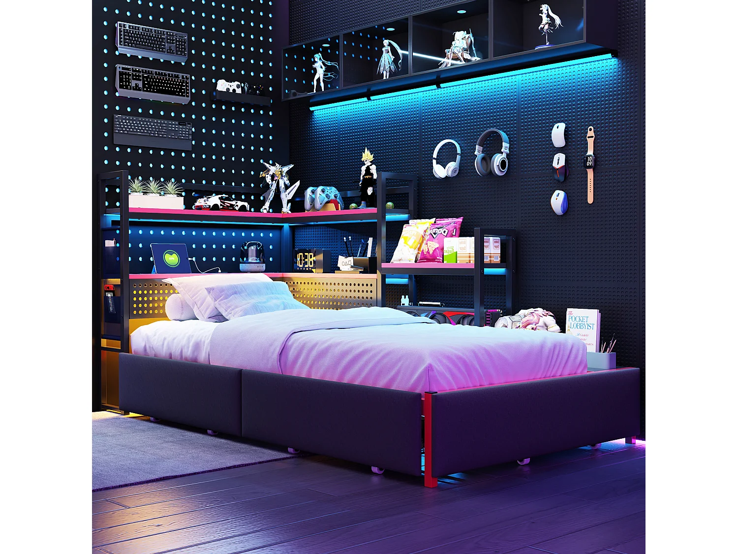 Lit plateforme en métal style gaming - 90 x 200 cm - avec 3 tiroirs + Leds + USB + étagères latérales - métal - noir