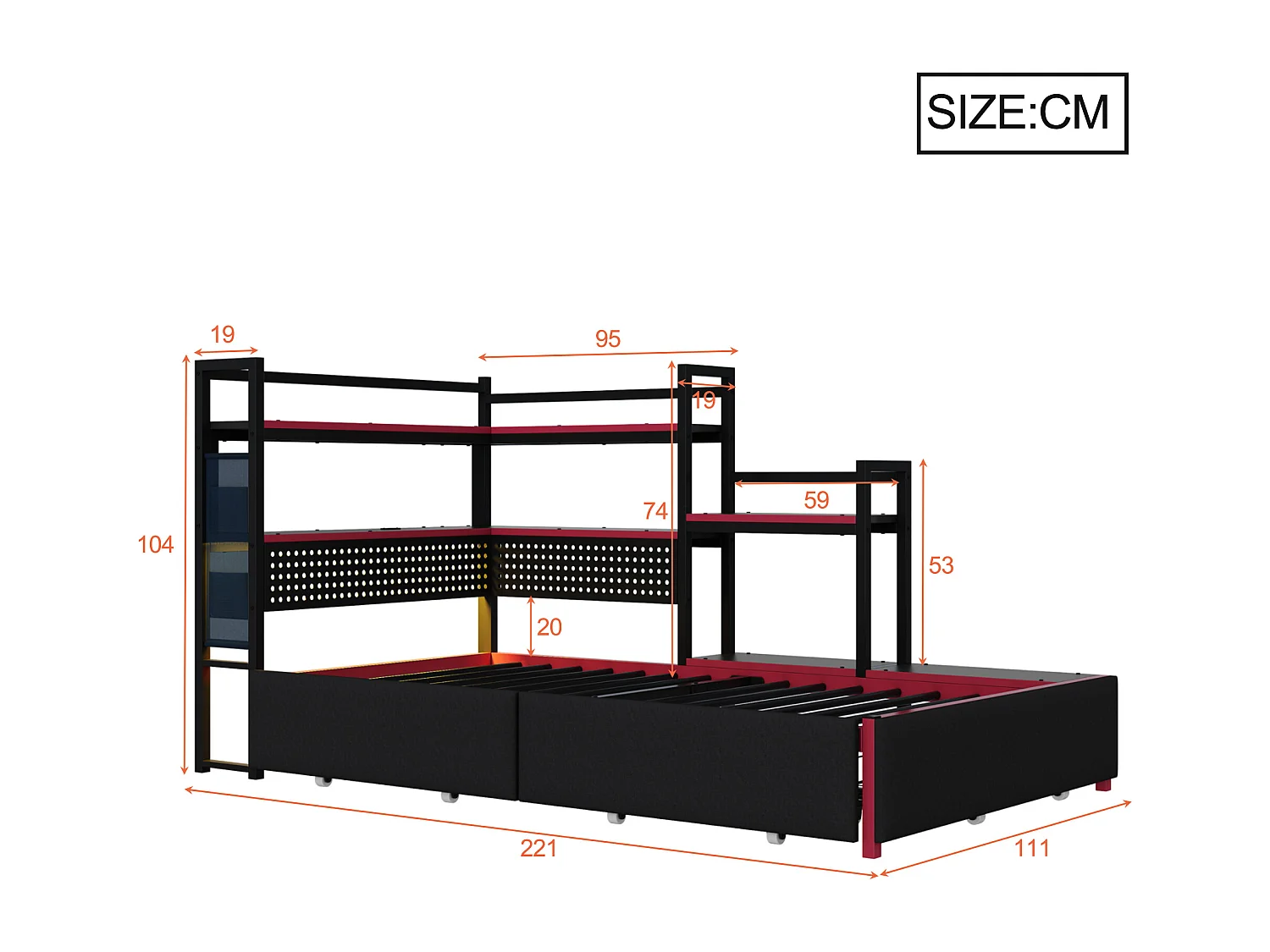 Lit plateforme en métal style gaming - 90 x 200 cm - avec 3 tiroirs + Leds + USB + étagères latérales - métal - noir