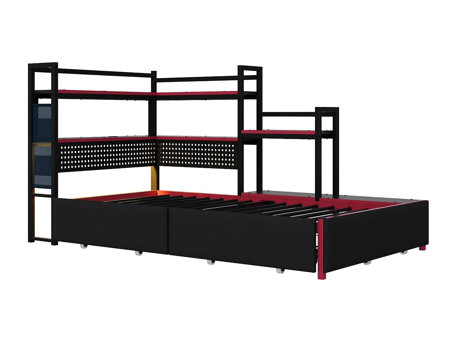 Lit plateforme en métal style gaming - 90 x 200 cm - avec 3 tiroirs + Leds + USB + étagères latérales - métal - noir