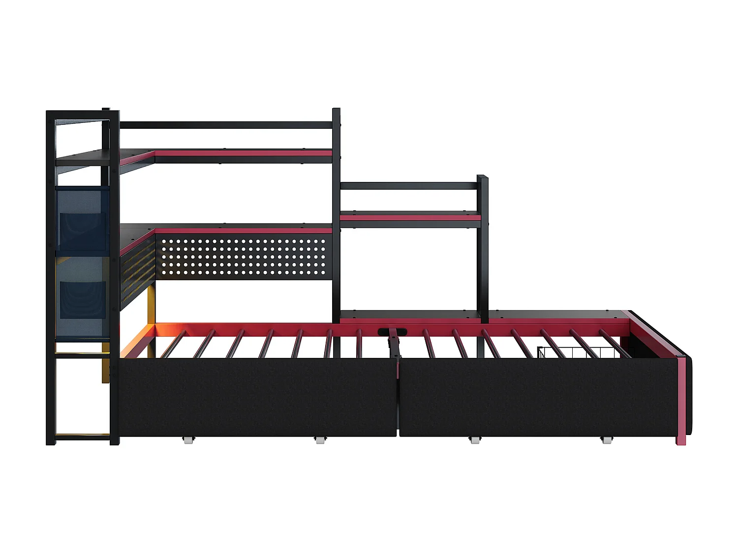 Lit plateforme en métal style gaming - 90 x 200 cm - avec 3 tiroirs + Leds + USB + étagères latérales - métal - noir