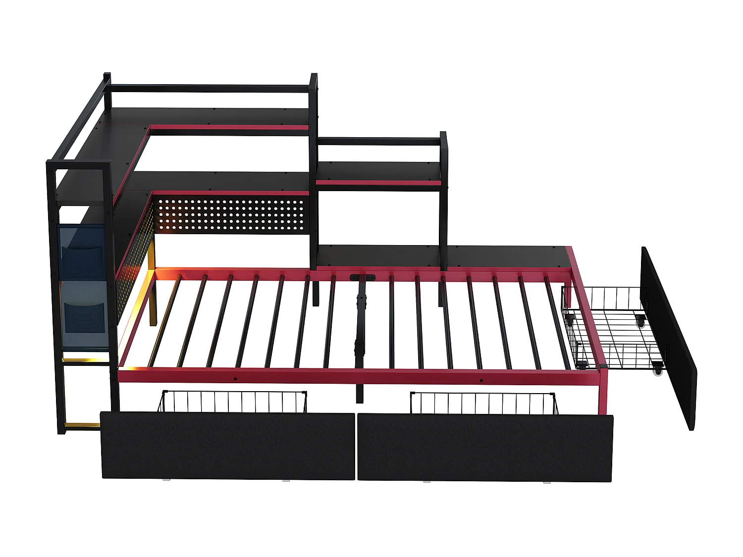 Lit plateforme en métal style gaming - 90 x 200 cm - avec 3 tiroirs + Leds + USB + étagères latérales - métal - noir