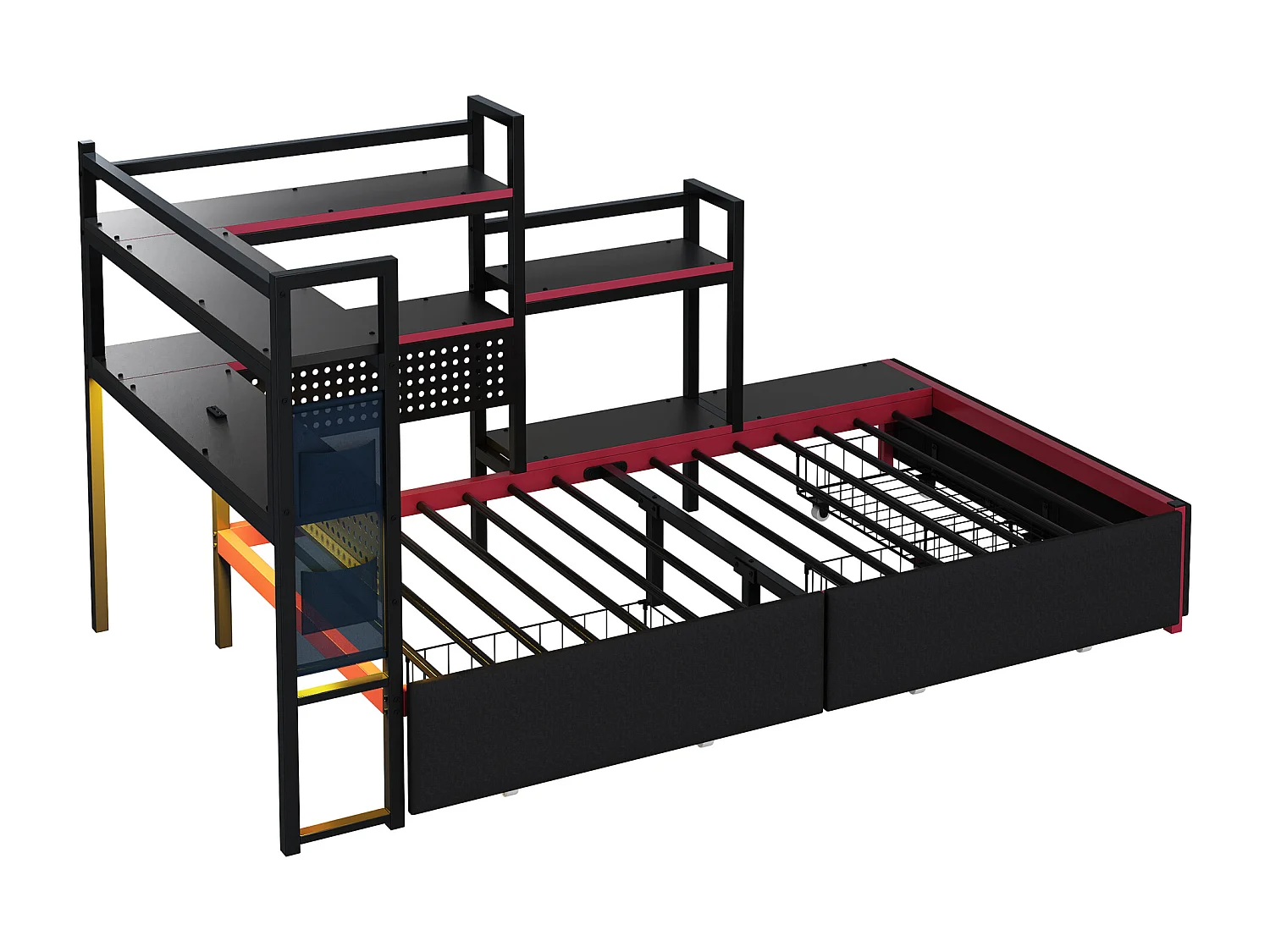 Lit plateforme en métal style gaming - 90 x 200 cm - avec 3 tiroirs + Leds + USB + étagères latérales - métal - noir