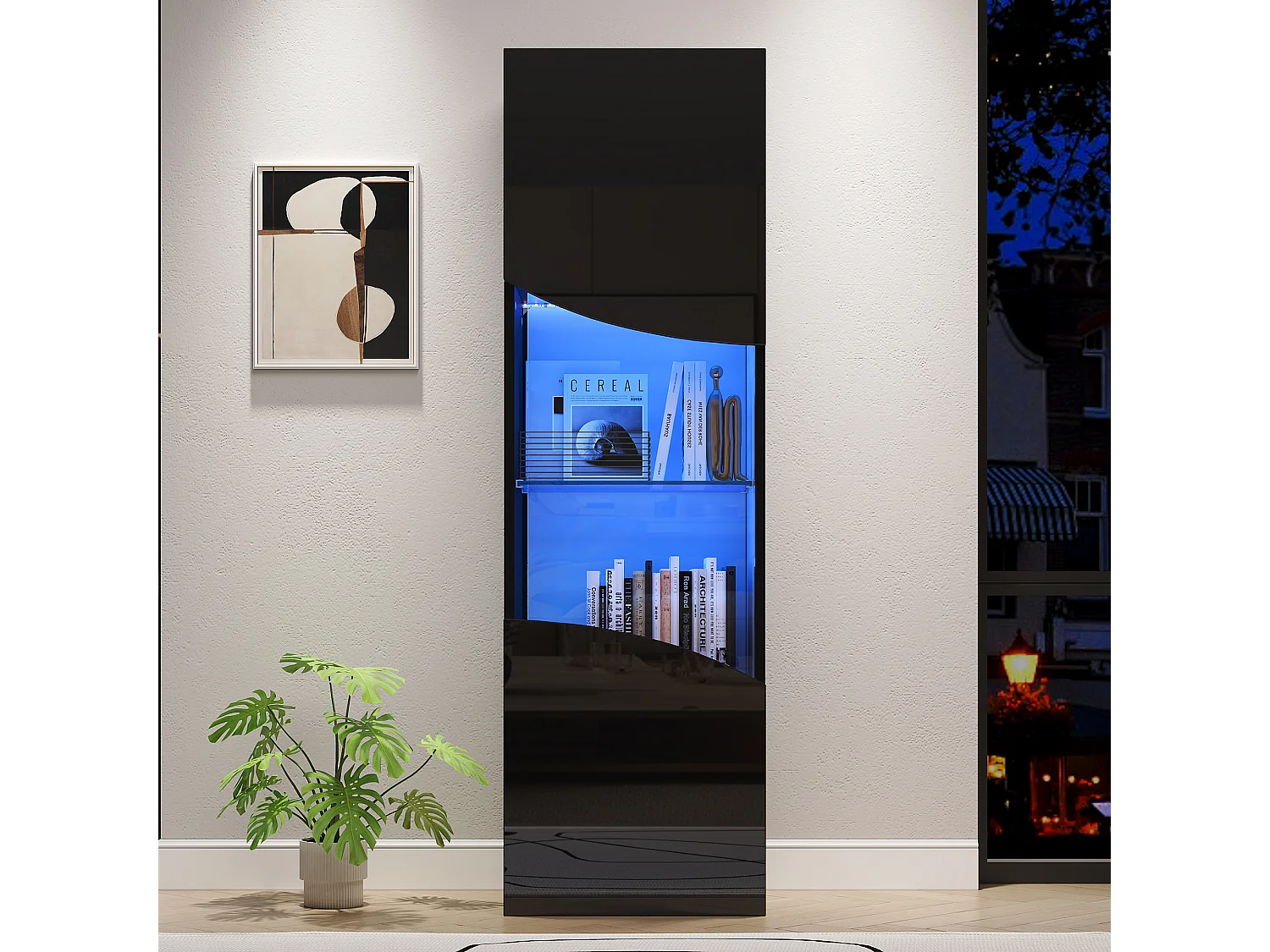 Wohnzimmer-Vitrine – 50 x 35 x 165 cm – mit hochlackierten Türen und LEDs – Spanplatte – schwarz