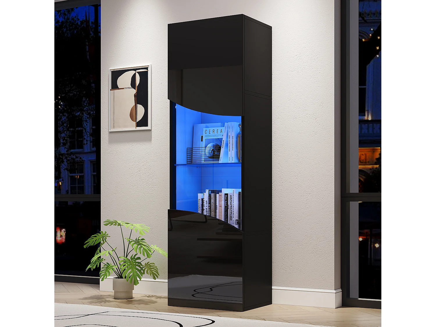 Wohnzimmer-Vitrine – 50 x 35 x 165 cm – mit hochlackierten Türen und LEDs – Spanplatte – schwarz