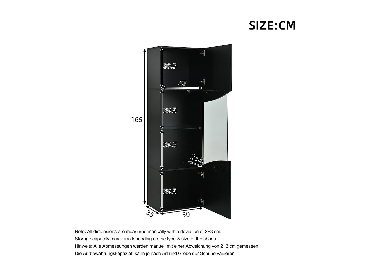 Wohnzimmer-Vitrine – 50 x 35 x 165 cm – mit hochlackierten Türen und LEDs – Spanplatte – schwarz