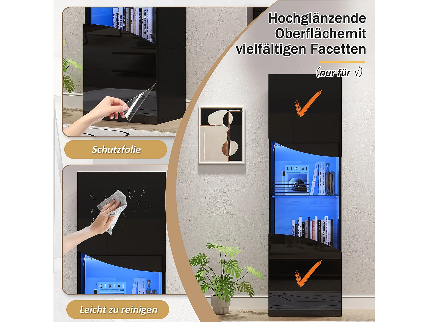 Wohnzimmer-Vitrine – 50 x 35 x 165 cm – mit hochlackierten Türen und LEDs – Spanplatte – schwarz