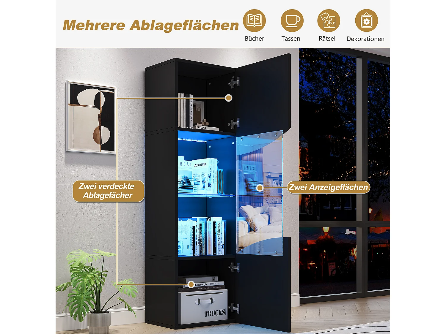Wohnzimmer-Vitrine – 50 x 35 x 165 cm – mit hochlackierten Türen und LEDs – Spanplatte – schwarz
