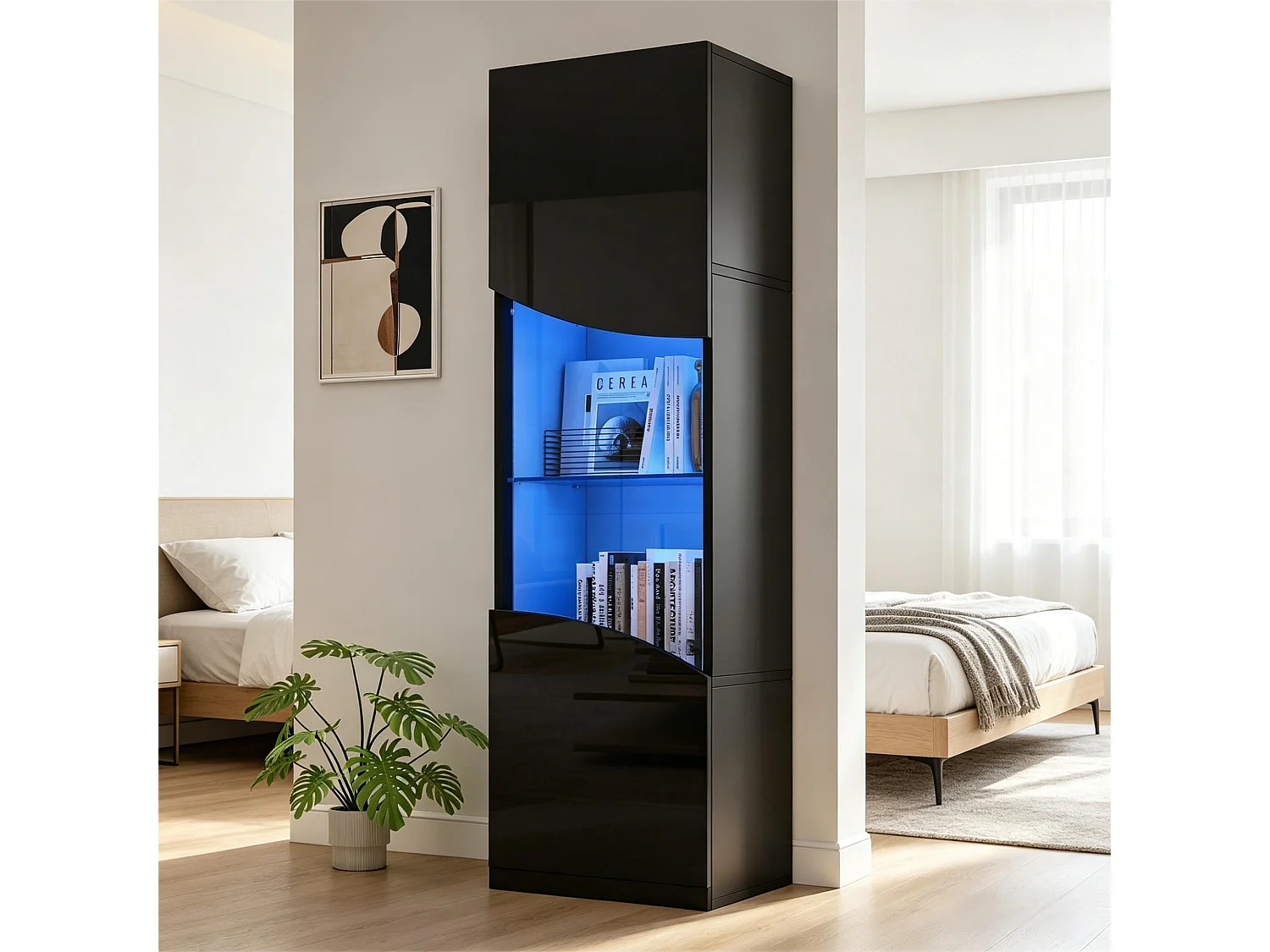 Wohnzimmer-Vitrine – 50 x 35 x 165 cm – mit hochlackierten Türen und LEDs – Spanplatte – schwarz