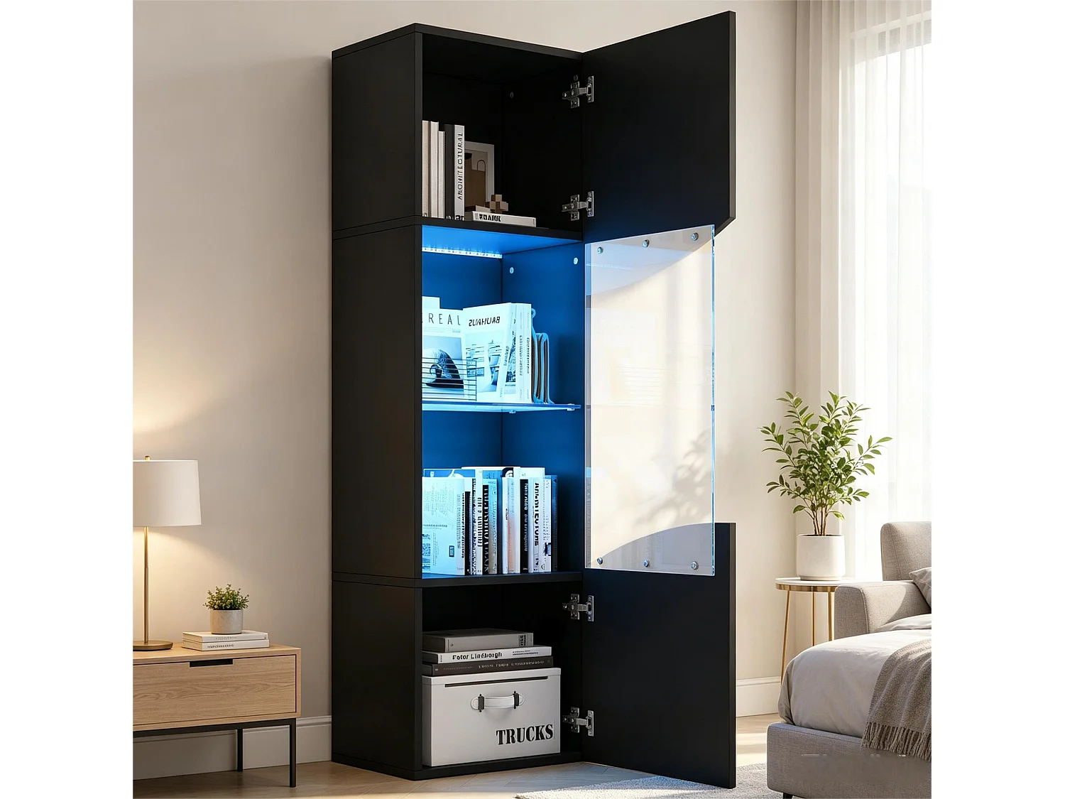 Wohnzimmer-Vitrine – 50 x 35 x 165 cm – mit hochlackierten Türen und LEDs – Spanplatte – schwarz