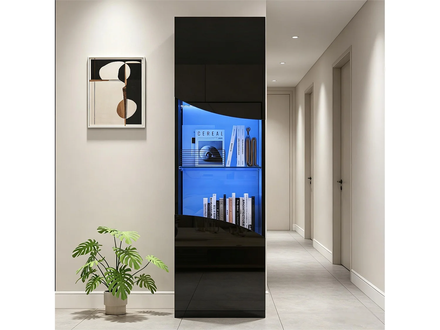 Wohnzimmer-Vitrine – 50 x 35 x 165 cm – mit hochlackierten Türen und LEDs – Spanplatte – schwarz