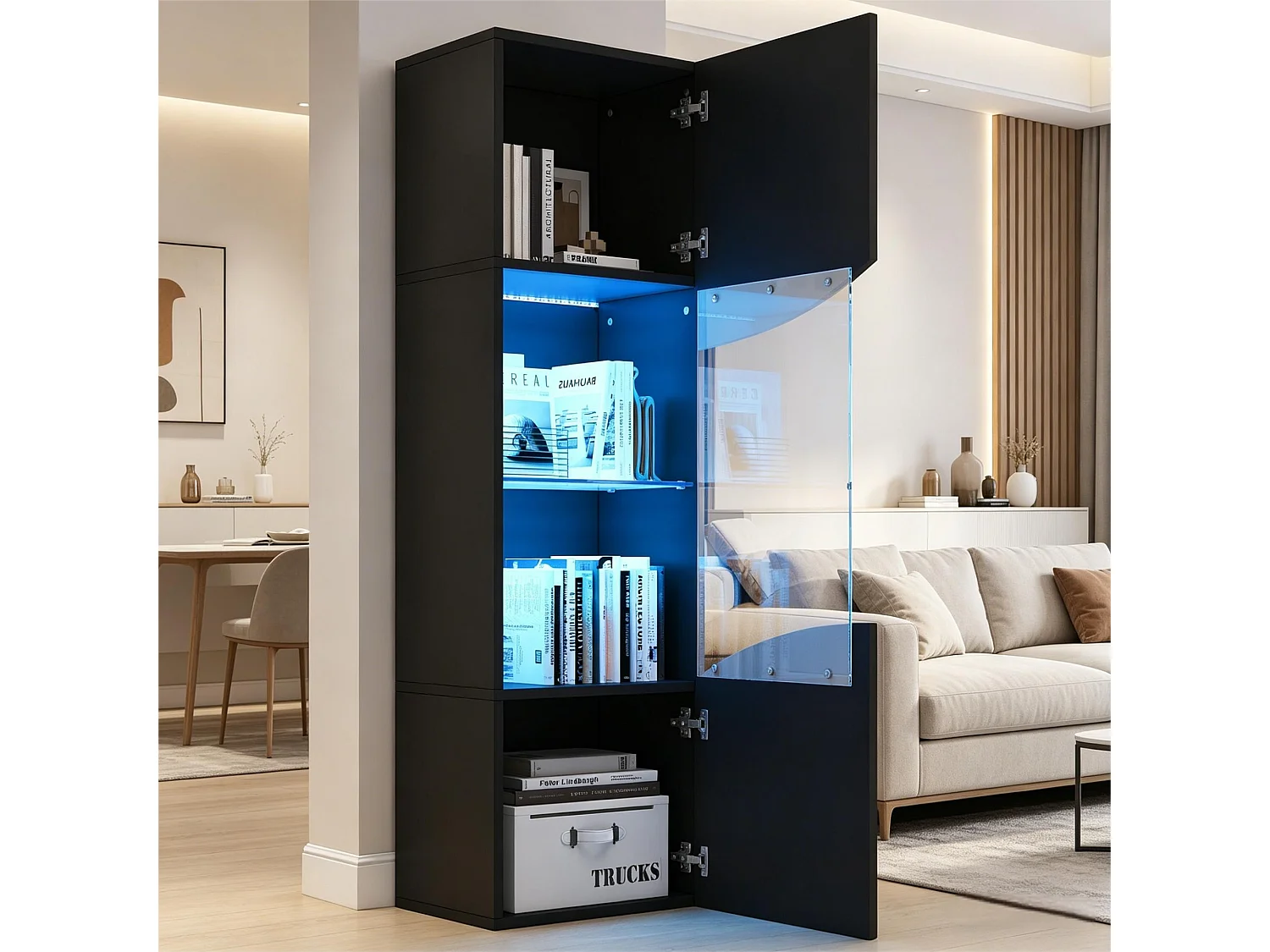 Wohnzimmer-Vitrine – 50 x 35 x 165 cm – mit hochlackierten Türen und LEDs – Spanplatte – schwarz