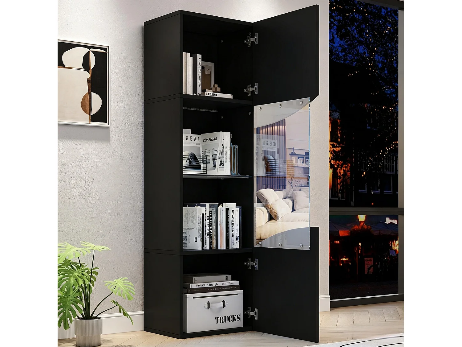 Wohnzimmer-Vitrine – 50 x 35 x 165 cm – mit hochlackierten Türen und LEDs – Spanplatte – schwarz