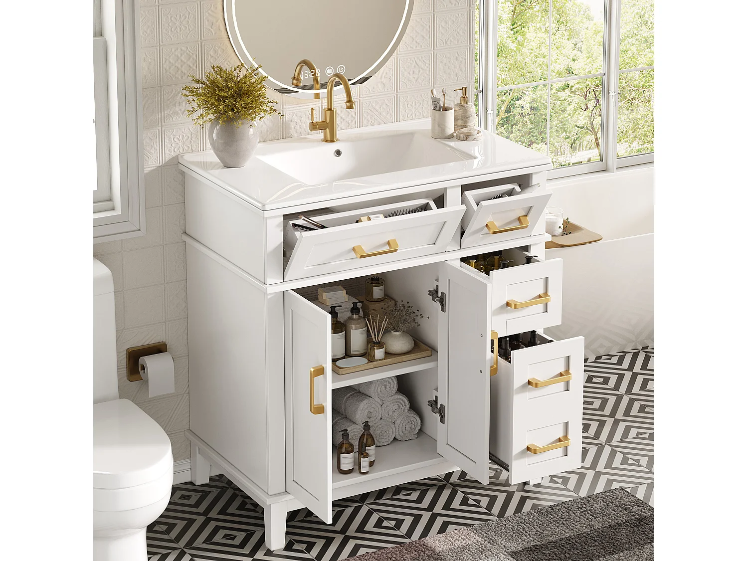 Badezimmer-Waschtisch mit Keramikwaschbecken – 76 x 46,5 x 86 cm – mit Schubladen und Türen – MDF und Metall – weiß
