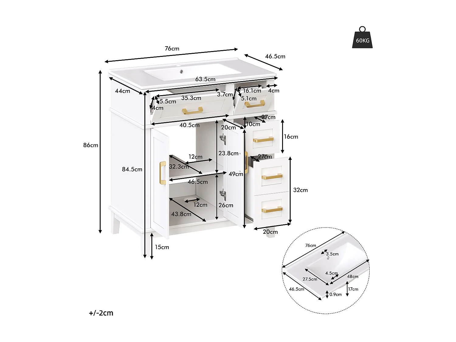 Badezimmer-Waschtisch mit Keramikwaschbecken – 76 x 46,5 x 86 cm – mit Schubladen und Türen – MDF und Metall – weiß