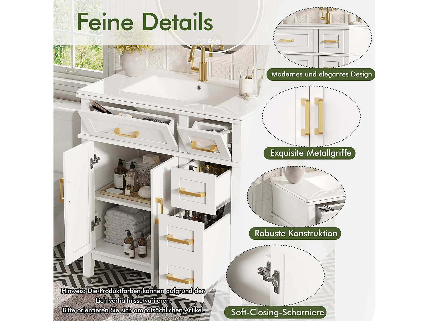 Badezimmer-Waschtisch mit Keramikwaschbecken – 76 x 46,5 x 86 cm – mit Schubladen und Türen – MDF und Metall – weiß