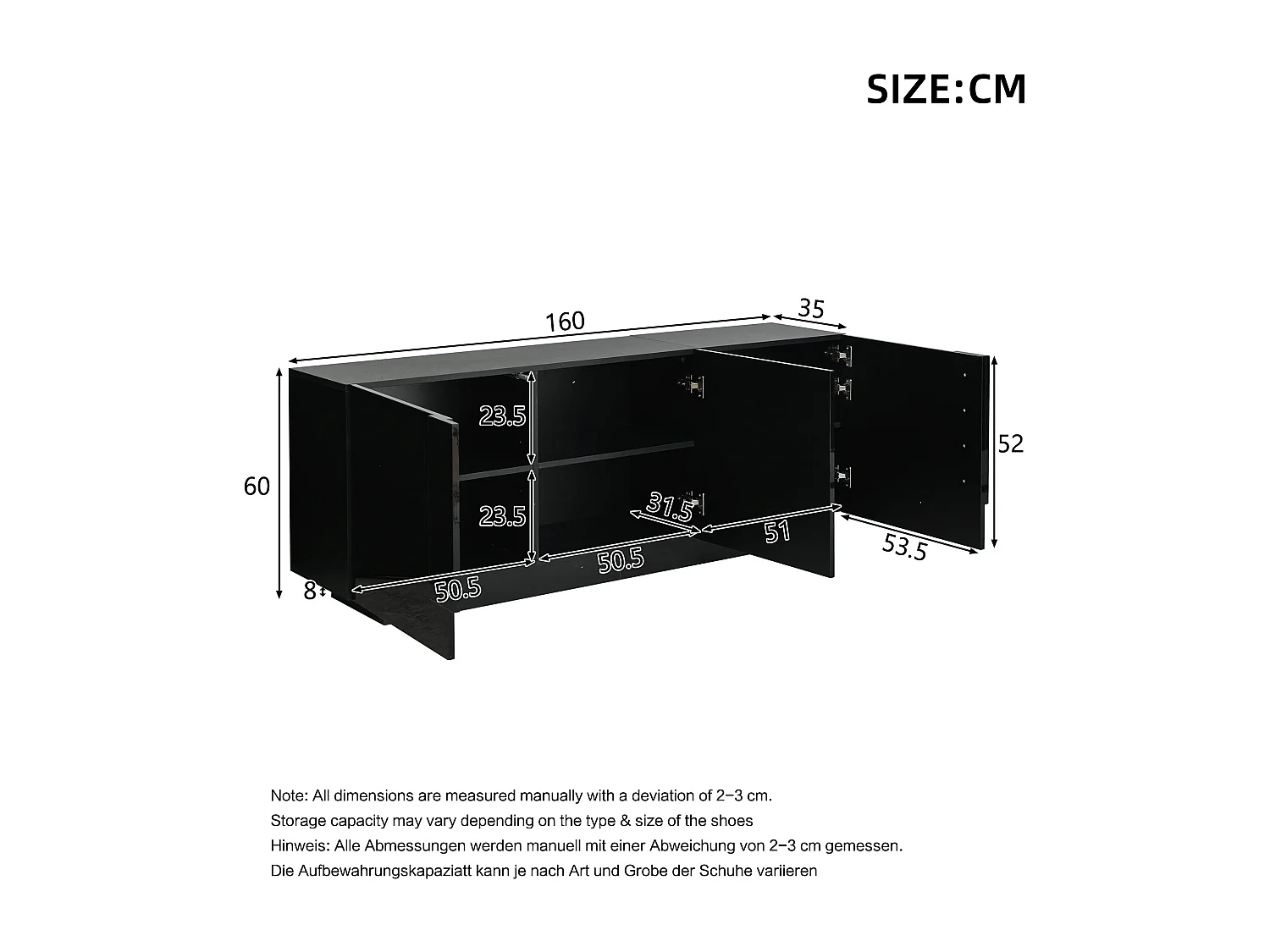 Buffet finition brillante de salon - 160 x 35 x 60 cm - avec 3 portes + 6 étagères - aggloméré - noir