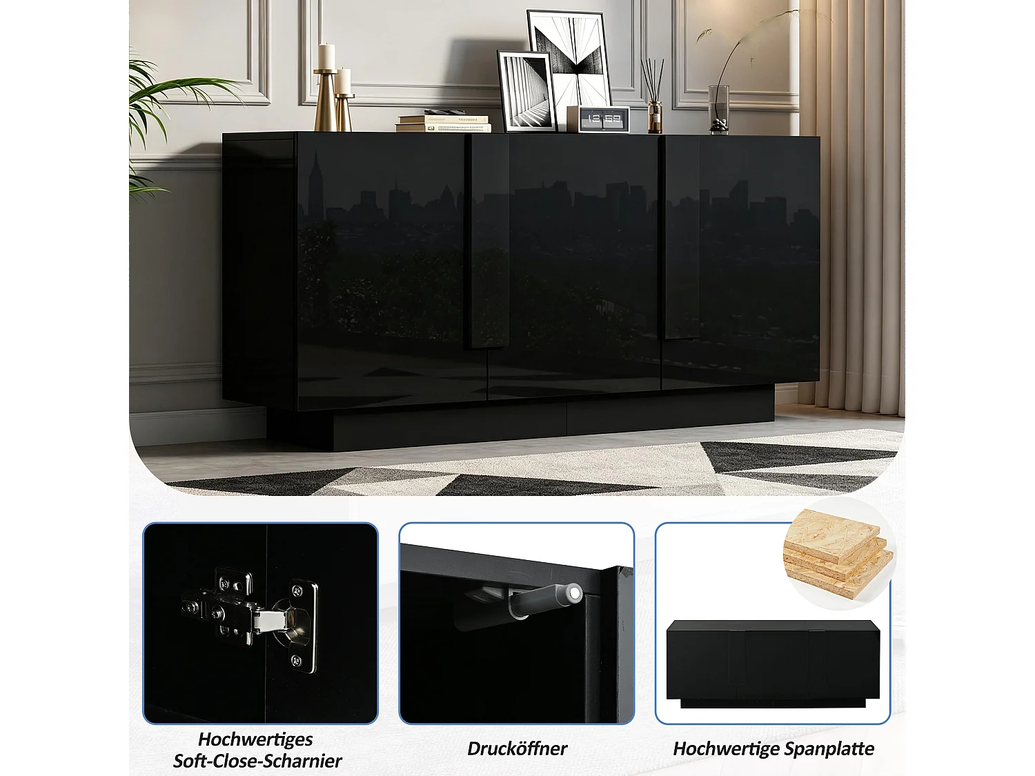 Buffet finition brillante de salon - 160 x 35 x 60 cm - avec 3 portes + 6 étagères - aggloméré - noir